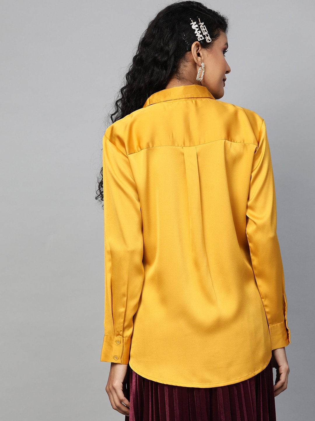 Women's Mustard High Low Satin Shirt - SASSAFRAS