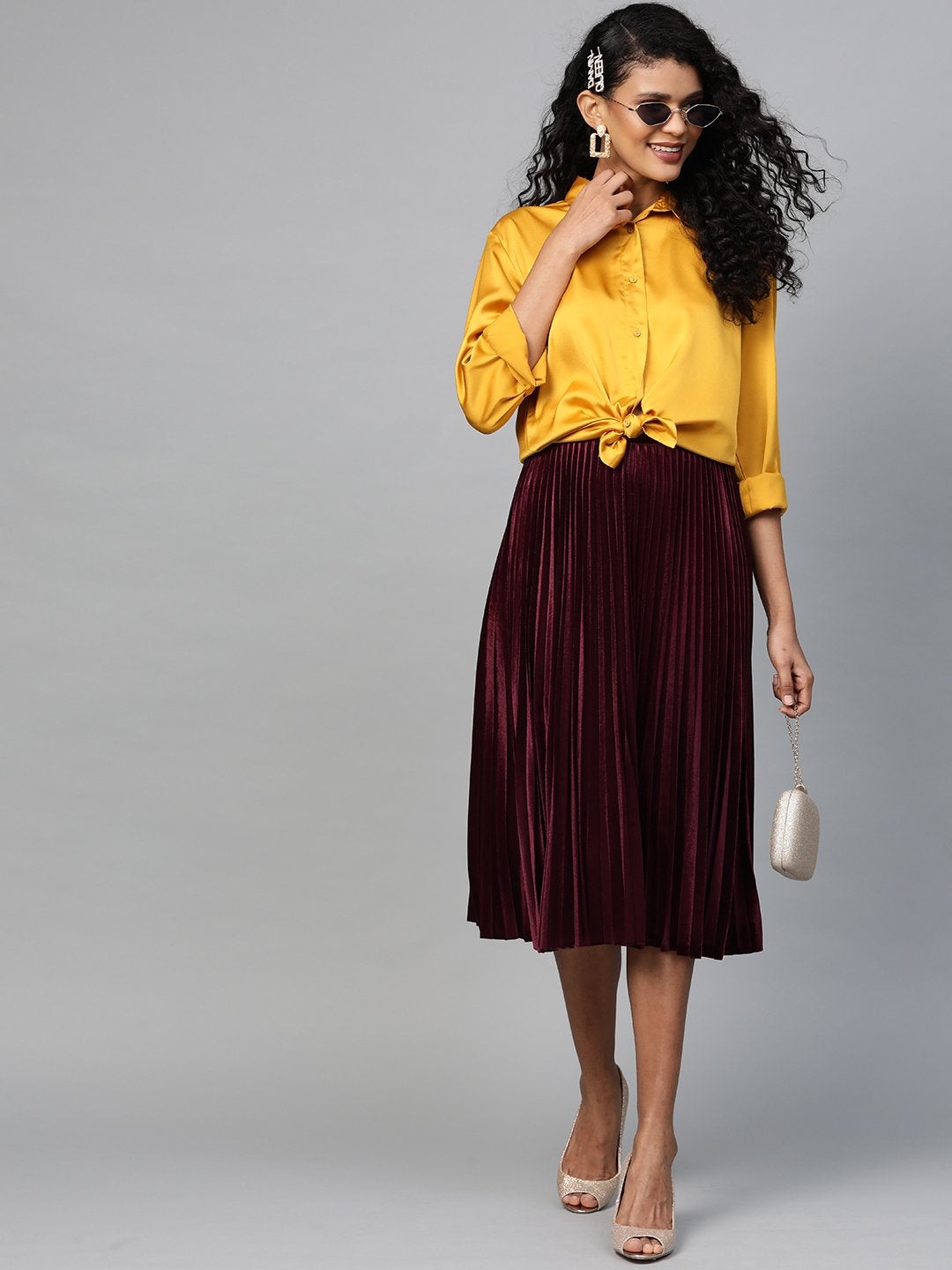 Women's Mustard High Low Satin Shirt - SASSAFRAS