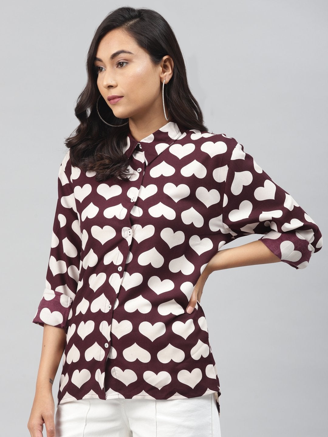 Women's Maroon Heart Print Shirt - SASSAFRAS