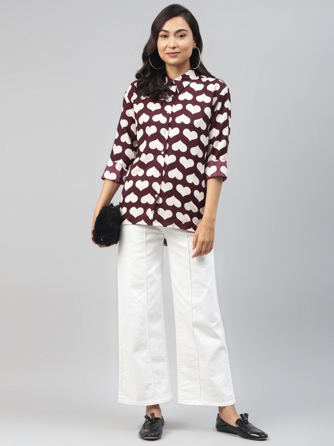 Women's Maroon Heart Print Shirt - SASSAFRAS