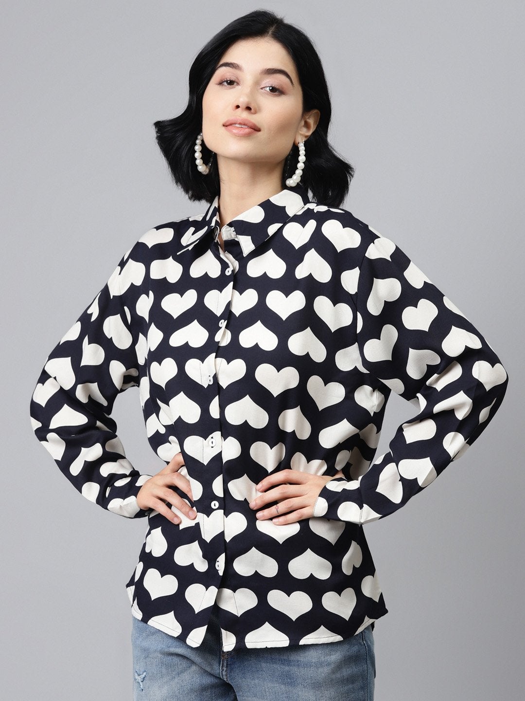 Women's Navy Heart Print Shirt - SASSAFRAS