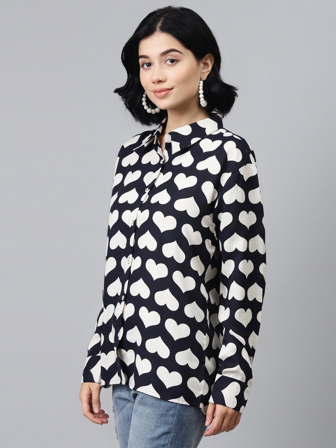 Women's Navy Heart Print Shirt - SASSAFRAS