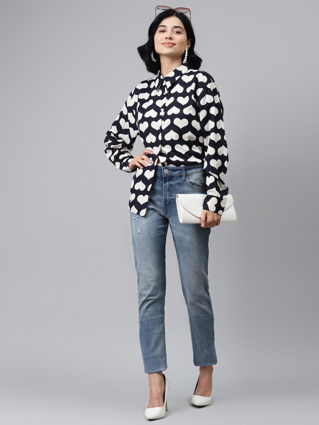 Women's Navy Heart Print Shirt - SASSAFRAS