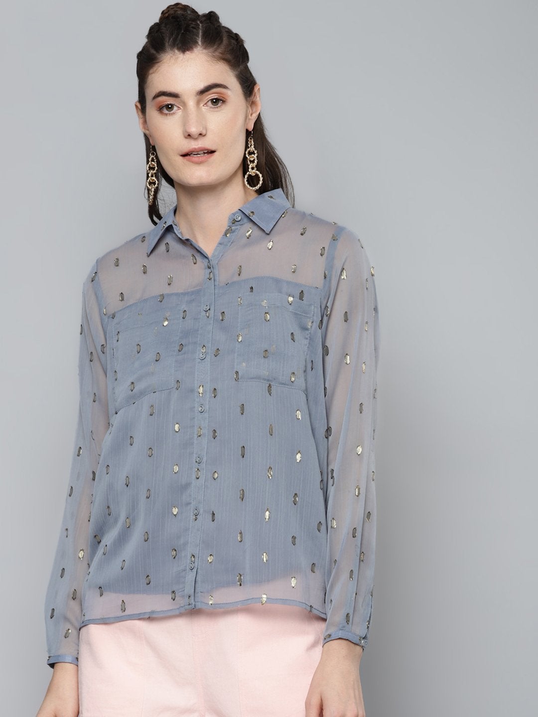 Women's Grey Lurex Sheer Shirt - SASSAFRAS