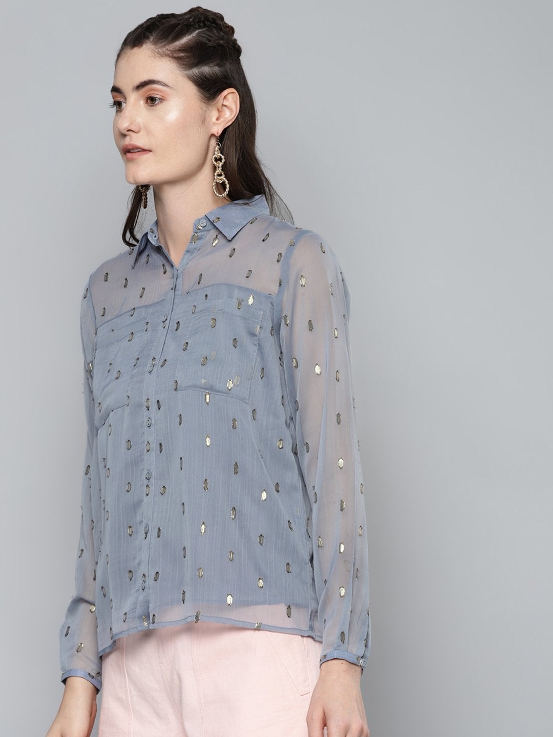 Women's Grey Lurex Sheer Shirt - SASSAFRAS