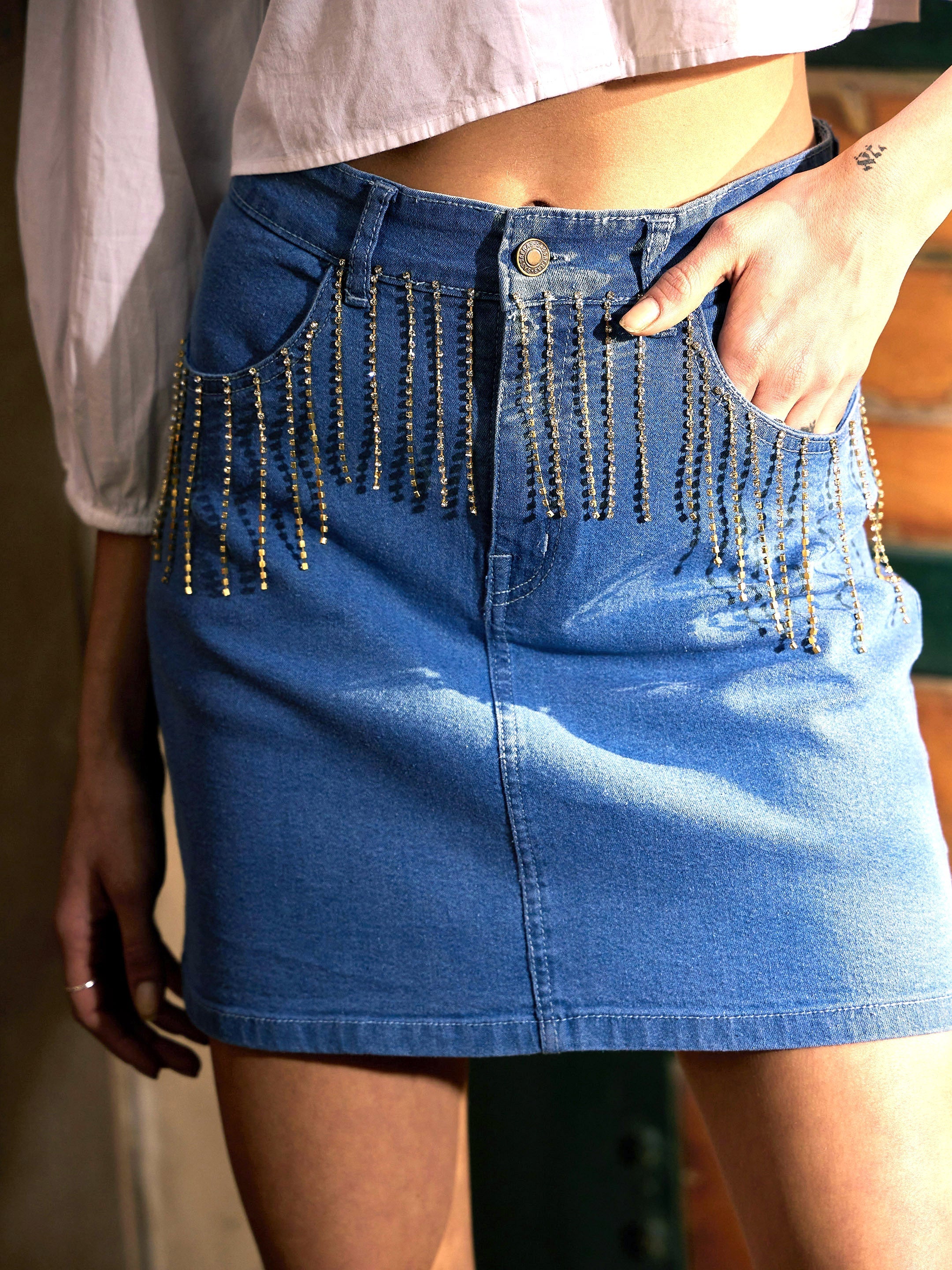 Women's Blue Denim Diamante at Pocket Mini Skirt - SASSAFRAS