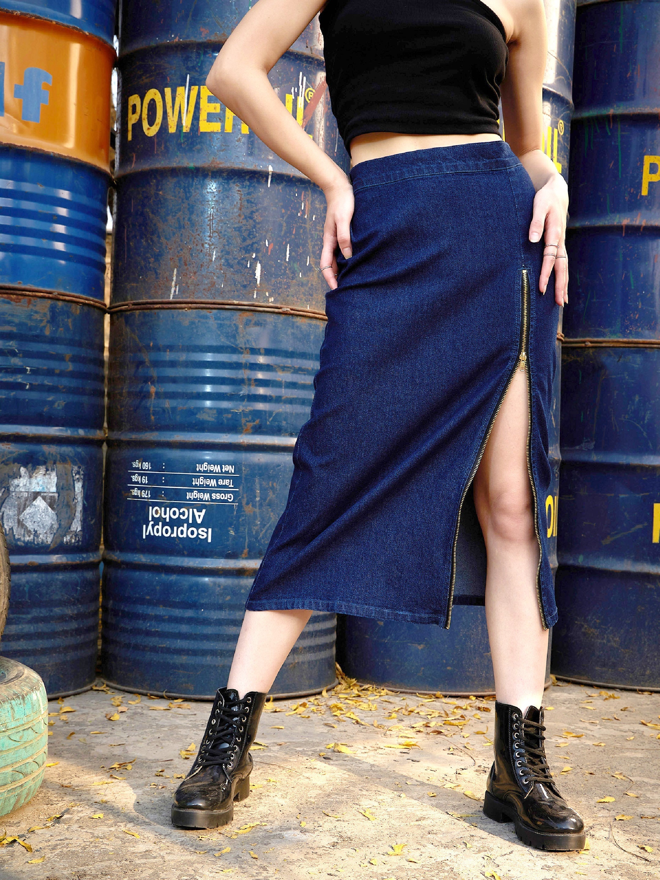 Women's Blue Denim A Line Skirt - SASSAFRAS