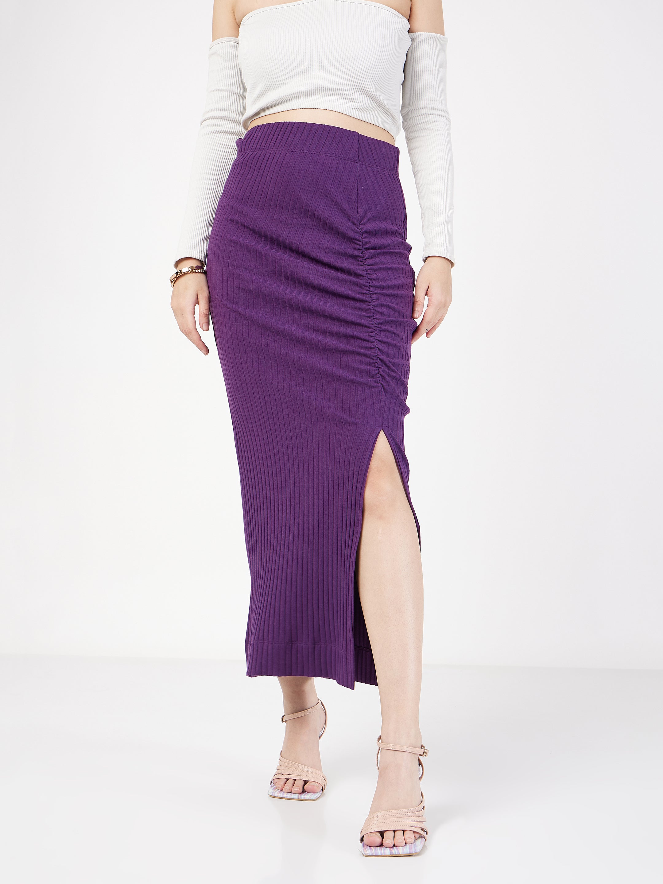 Women's Purple Rib Front Ruched Midi Skirt - Lyush