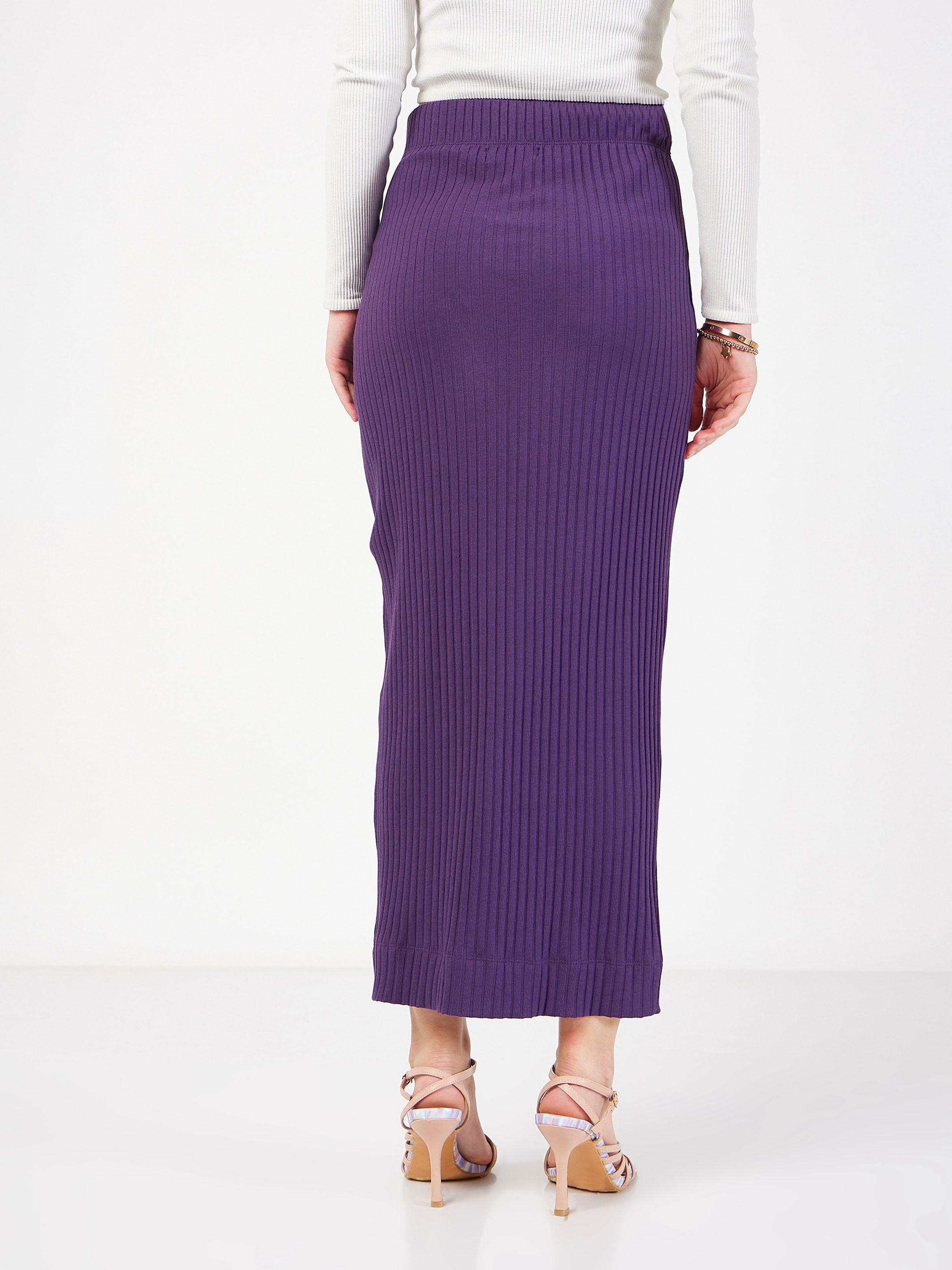 Women's Purple Rib Front Ruched Midi Skirt - Lyush