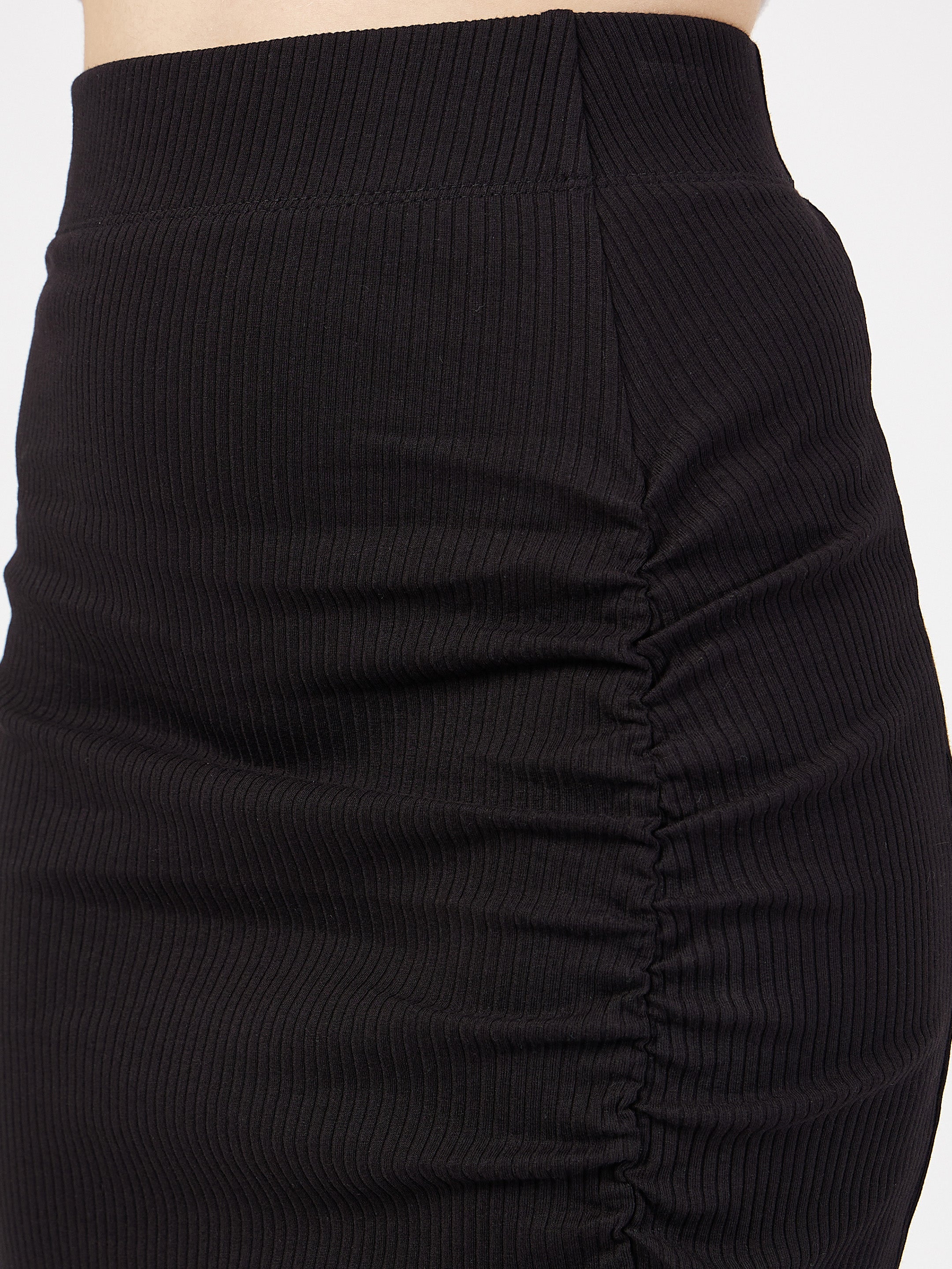 Women's Black Rib Front Ruched Midi Skirt - Lyush