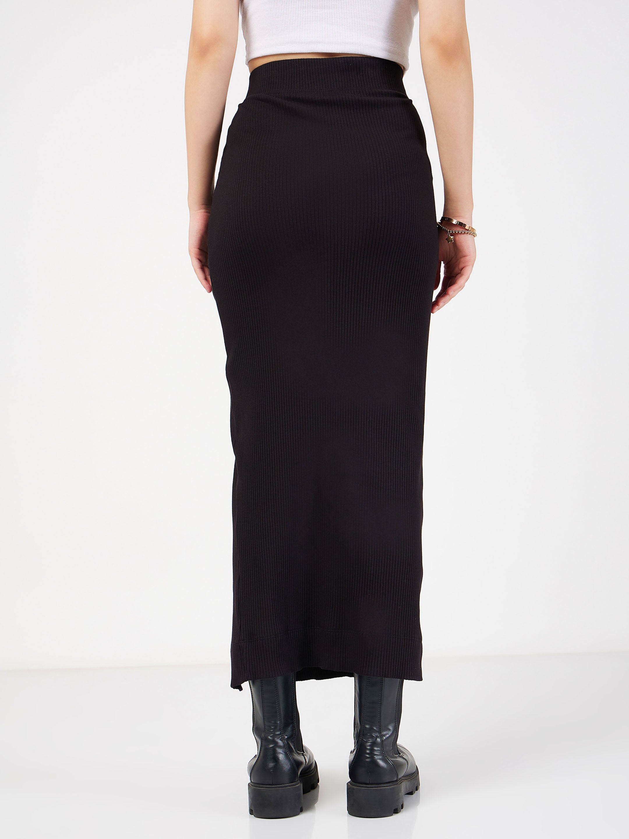 Women's Black Rib Front Ruched Midi Skirt - Lyush