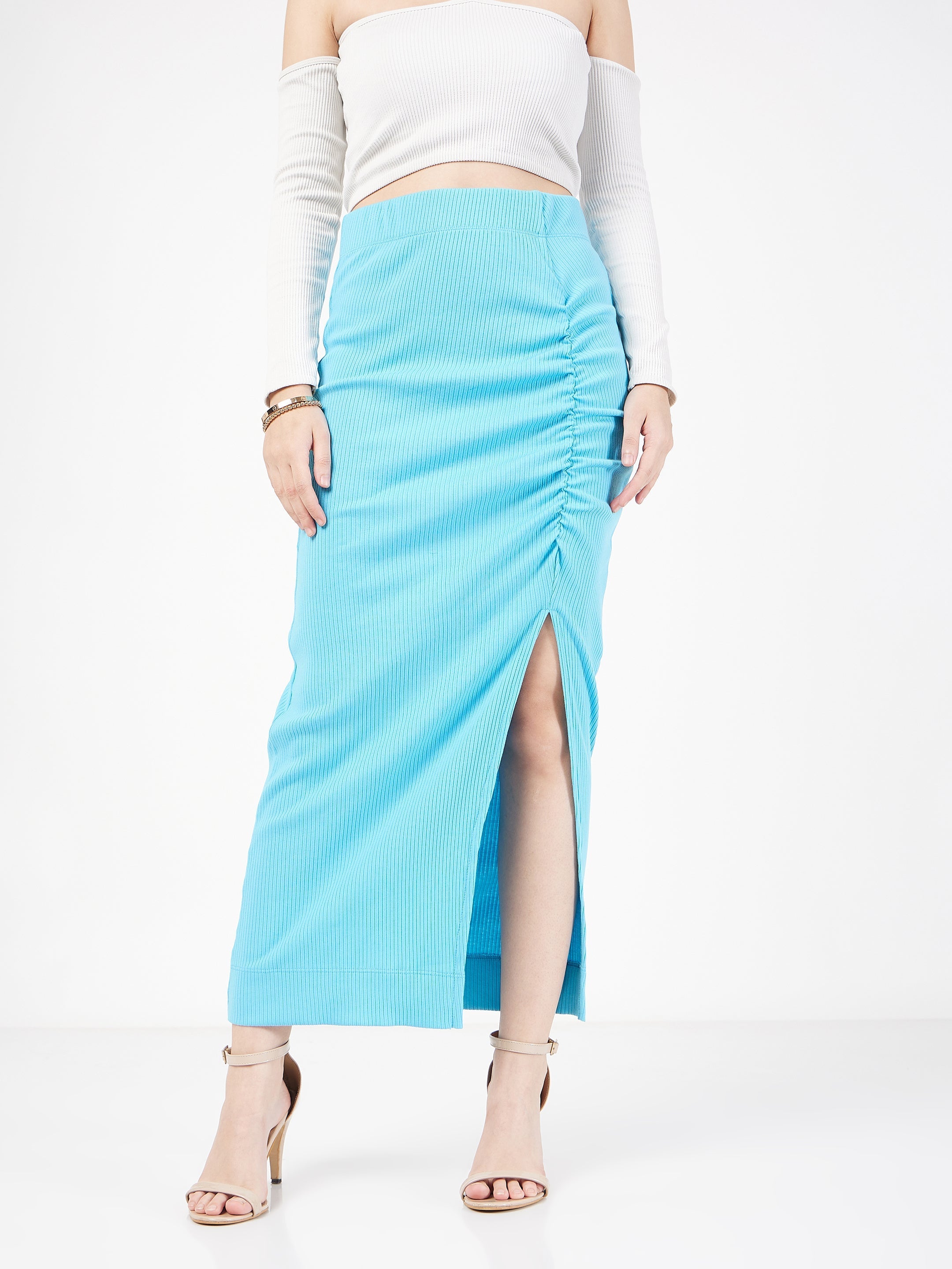 Women's Turquoise Rib Front Ruched Midi Skirt - Lyush