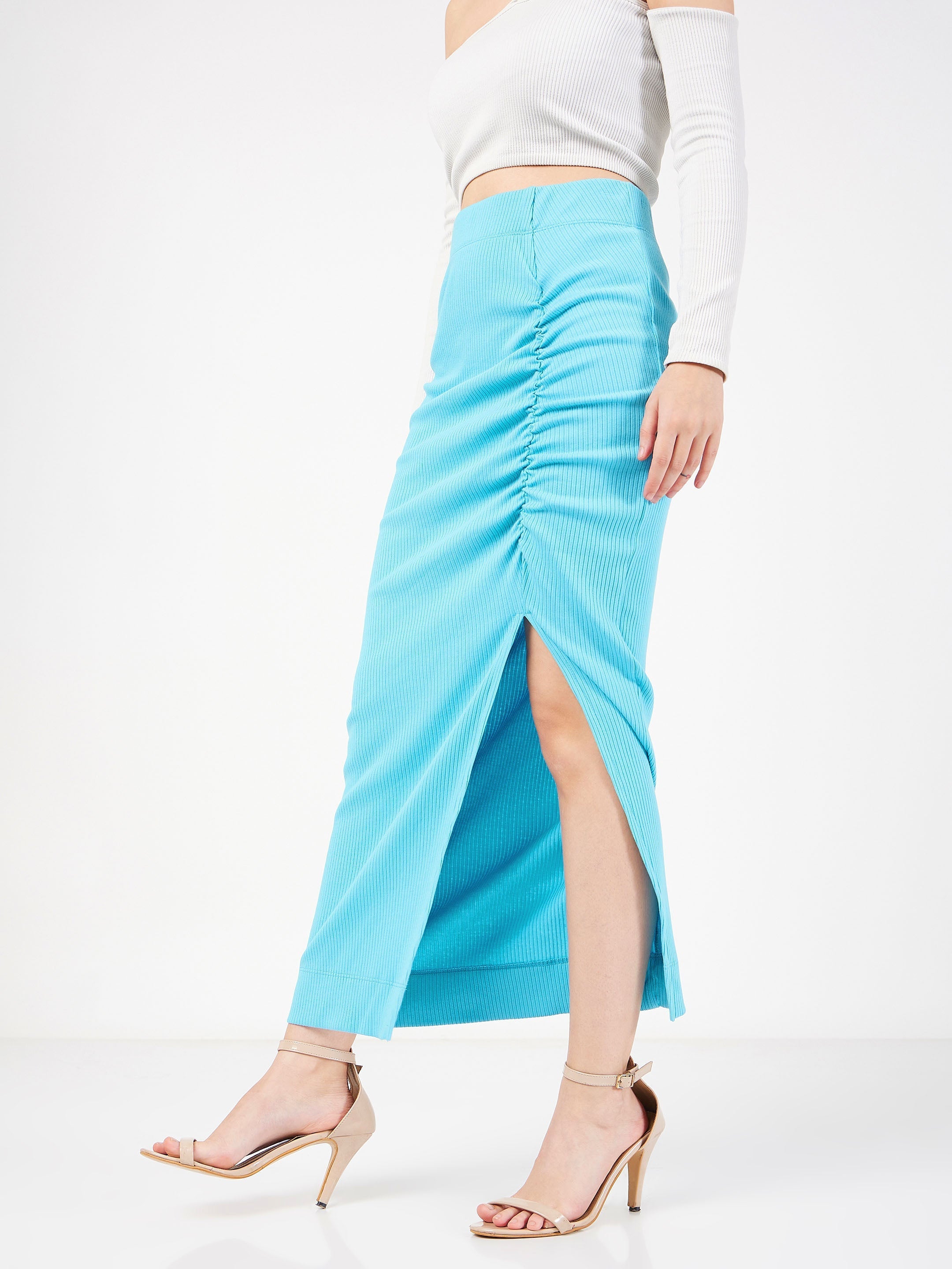 Women's Turquoise Rib Front Ruched Midi Skirt - Lyush