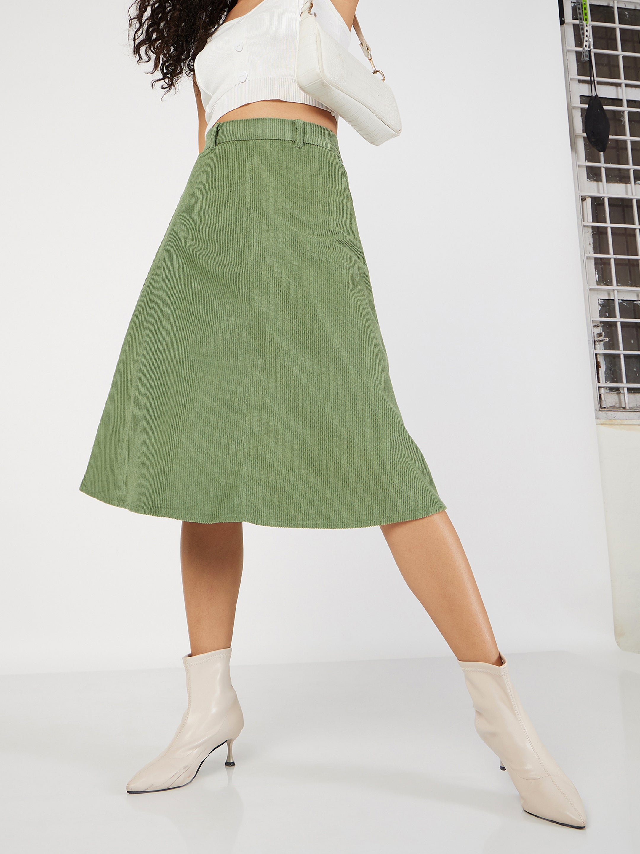 Women's Olive Corduroy A-Line Midi Skirt - Lyush