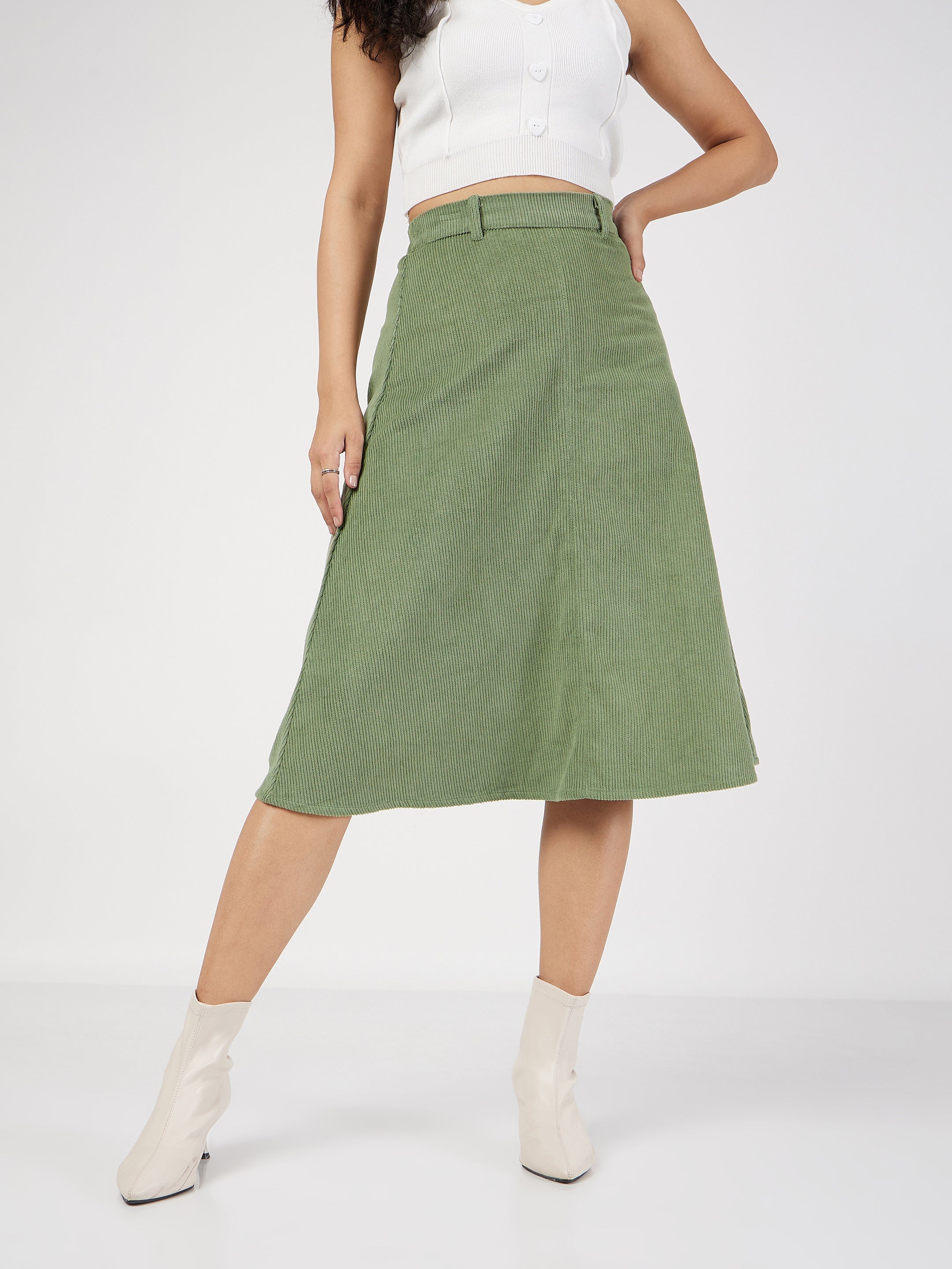 Women's Olive Corduroy A-Line Midi Skirt - Lyush