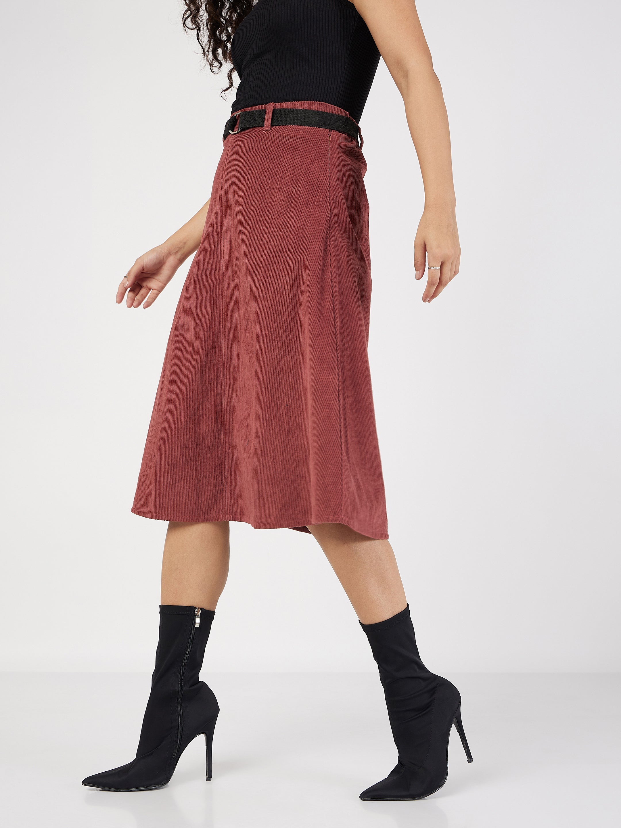 Women's Rust Corduroy A-Line Midi Skirt - Lyush