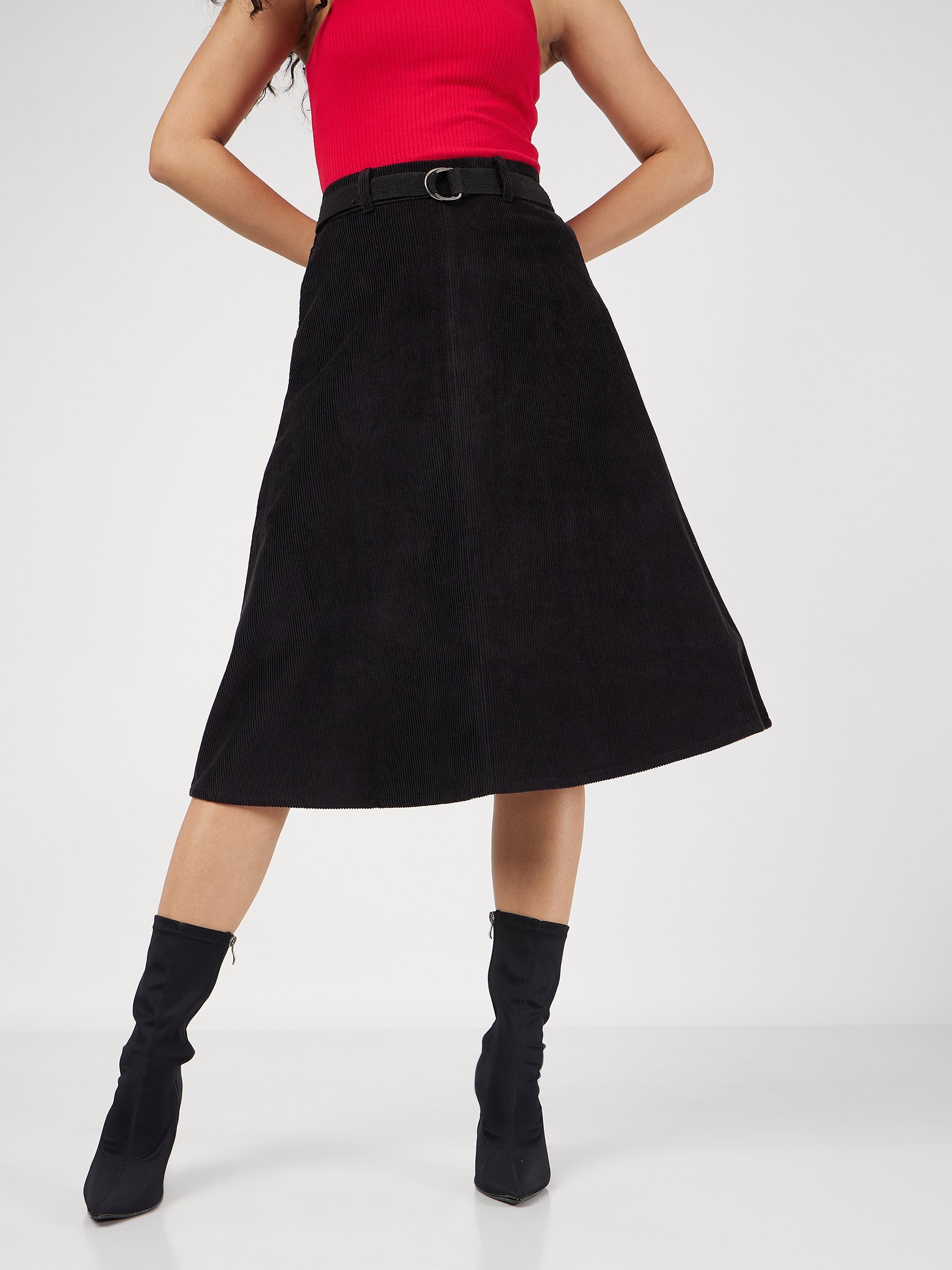 Women's Black Corduroy A-Line Midi Skirt - Lyush