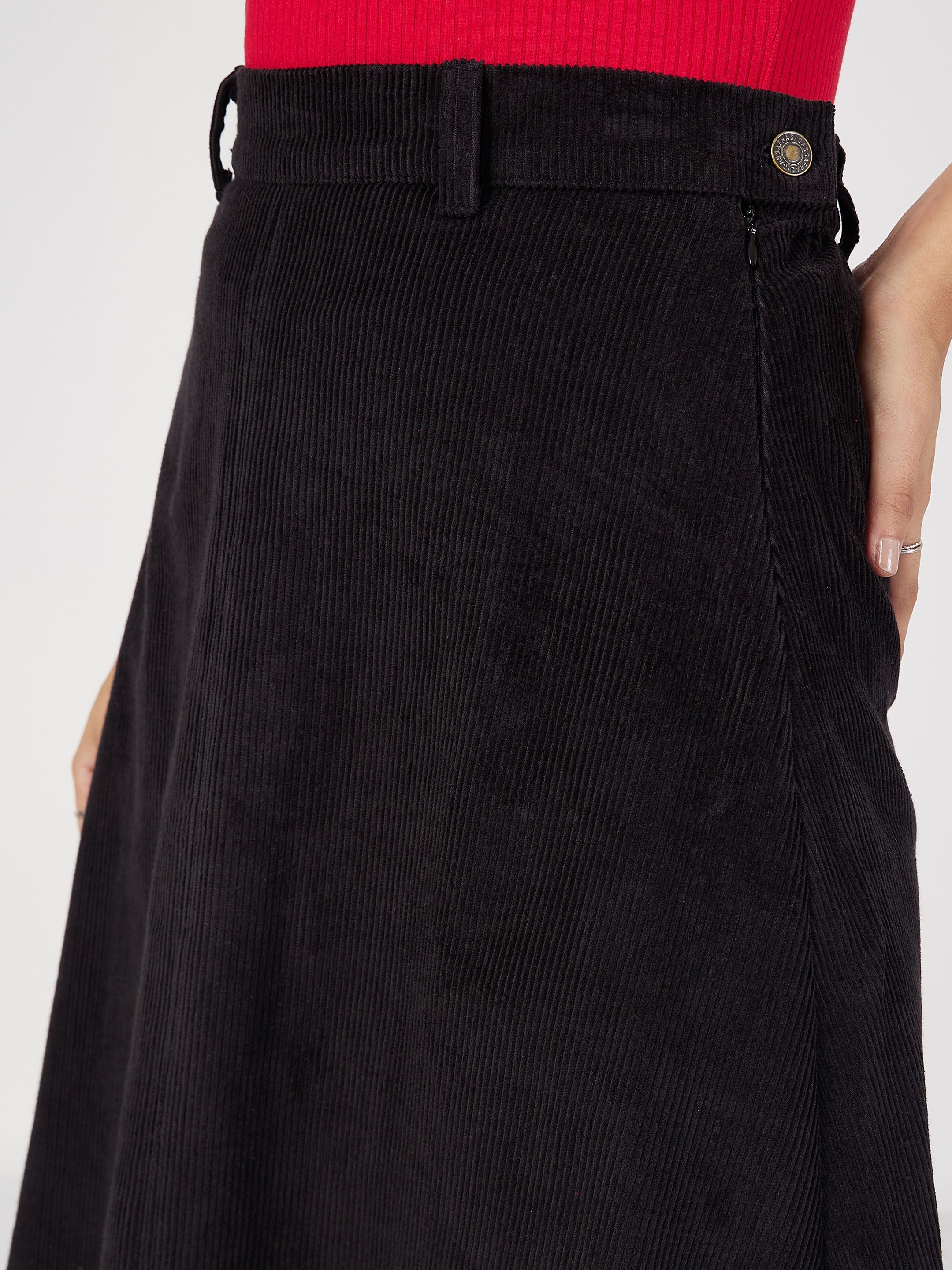 Women's Black Corduroy A-Line Midi Skirt - Lyush