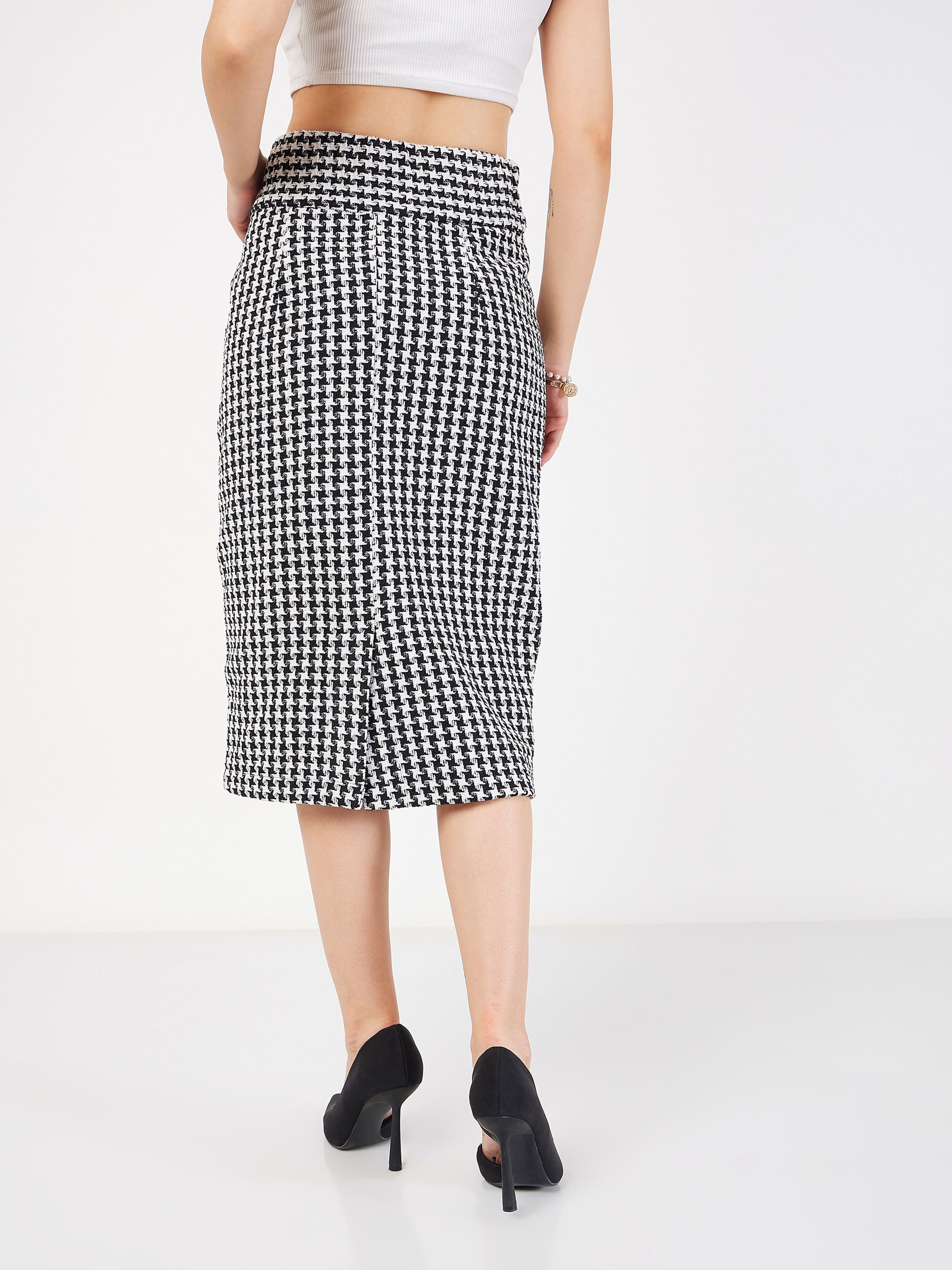 Women's Black Geometrical Jacquard Tweed Pencil Skirt - Lyush
