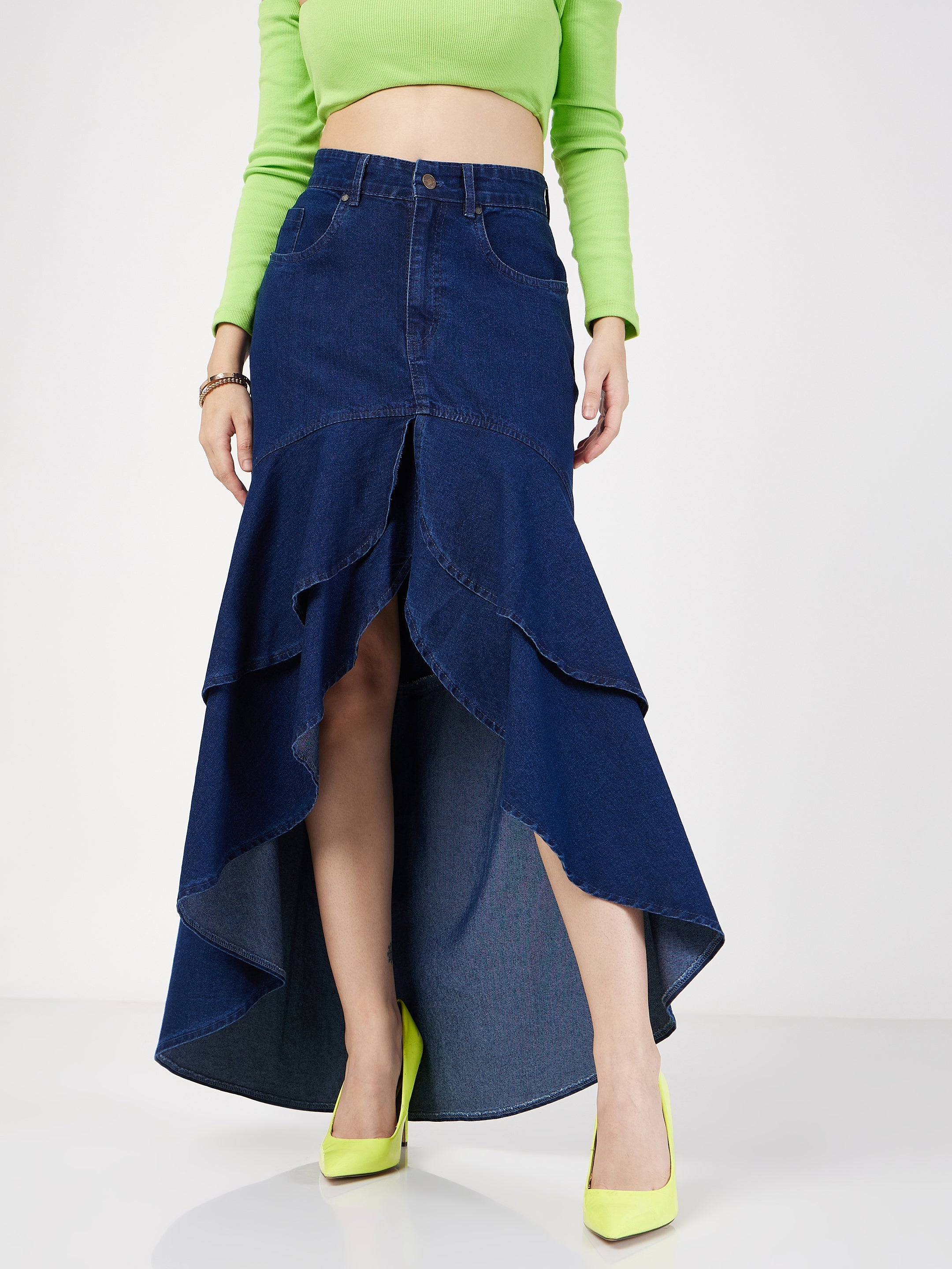 Women's Navy Blue Denim Ruffle High Low Skirt - Lyush