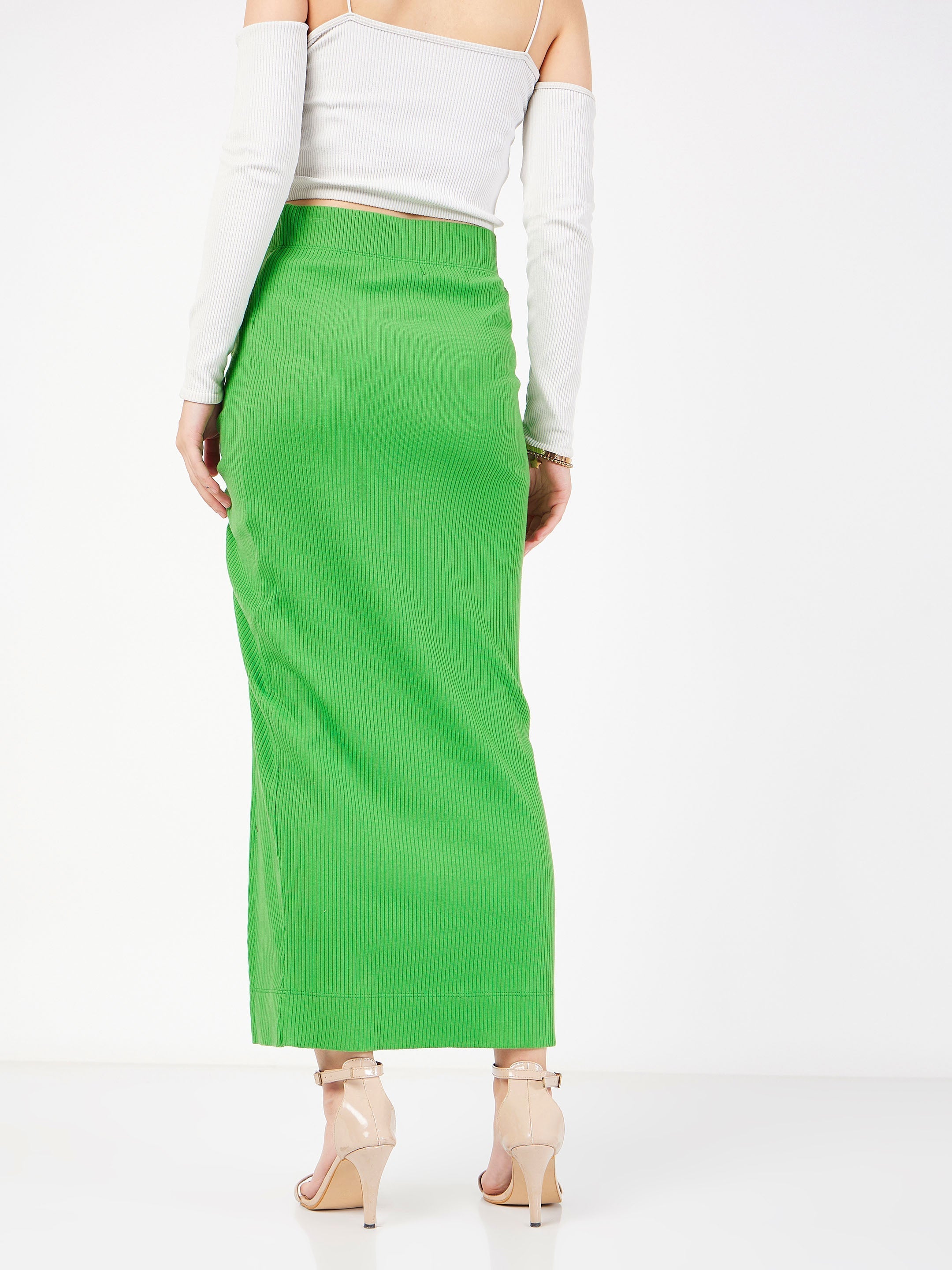 Women's Green Rib Front Ruched Midi Skirt - Lyush