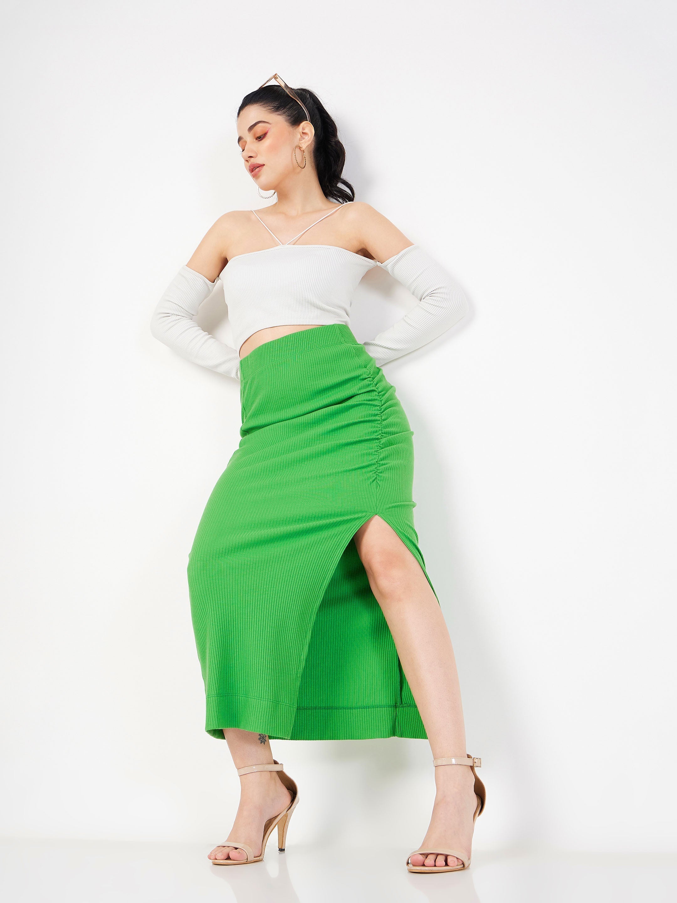 Women's Green Rib Front Ruched Midi Skirt - Lyush