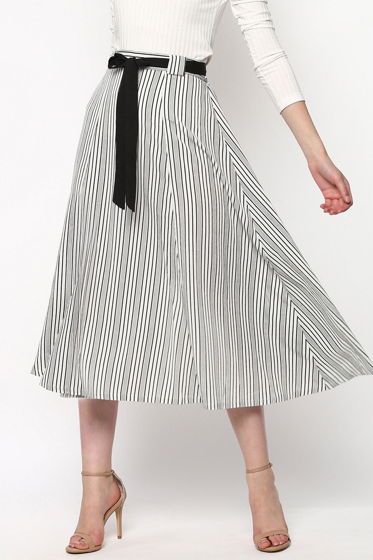 Women's Striped Printed Flared Belted Midi Skirt - SASSAFRAS