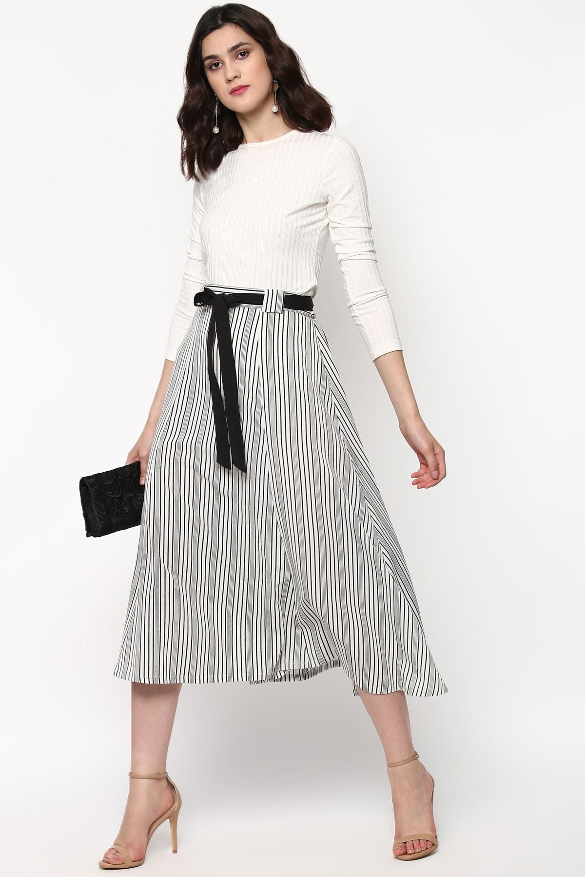 Women's Striped Printed Flared Belted Midi Skirt - SASSAFRAS