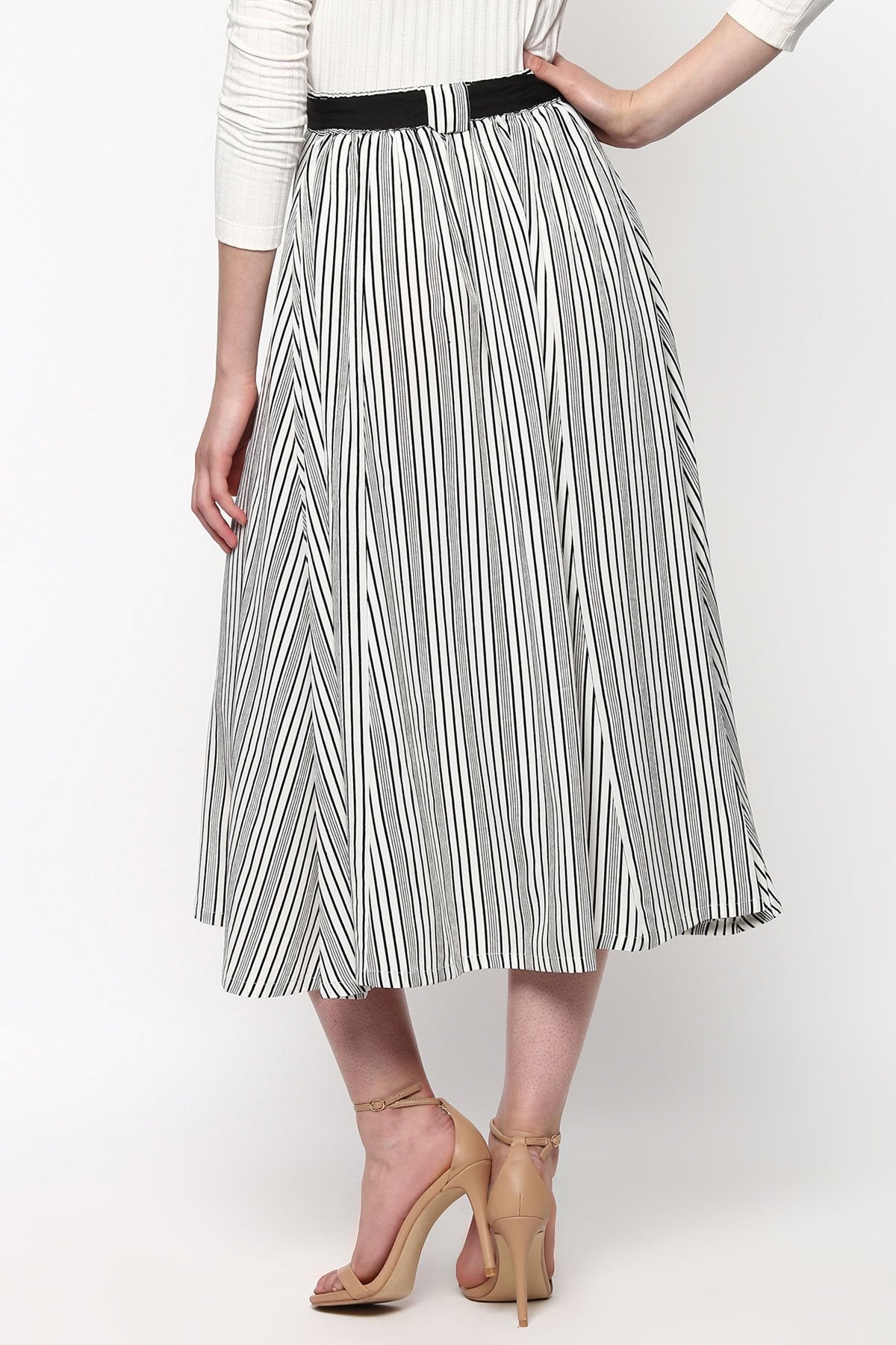 Women's Striped Printed Flared Belted Midi Skirt - SASSAFRAS