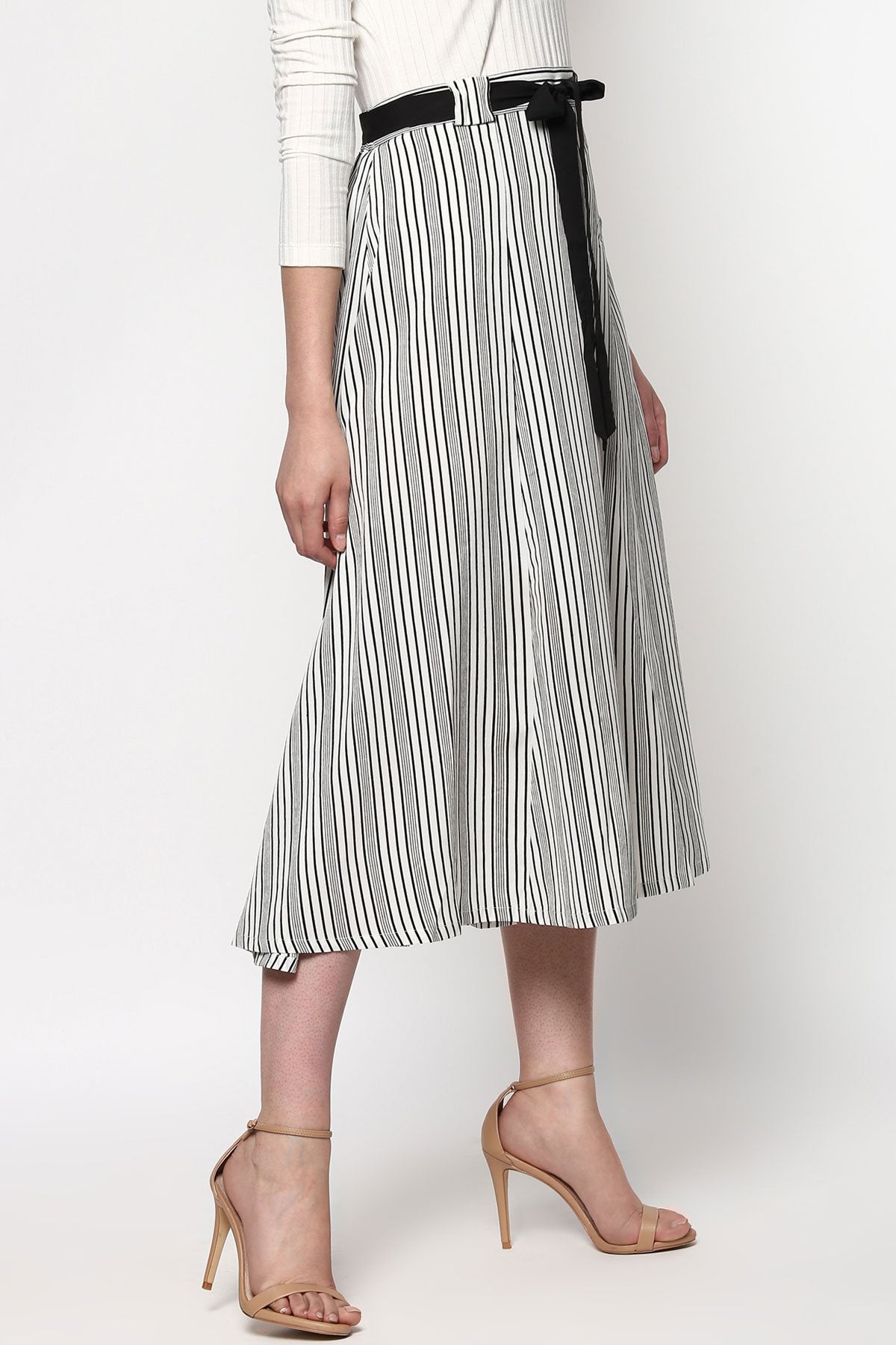 Women's Striped Printed Flared Belted Midi Skirt - SASSAFRAS