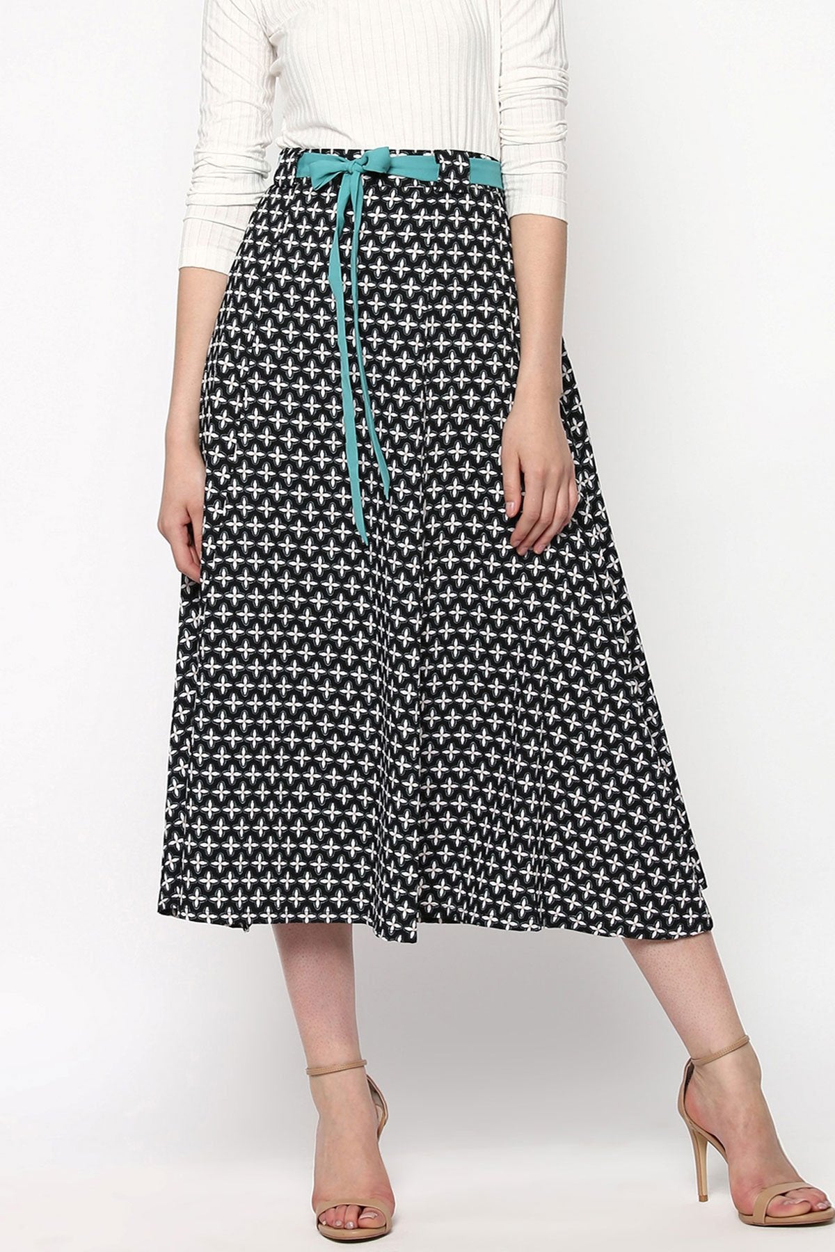 Women's Black Printed Flared Belted Midi Skirt - SASSAFRAS