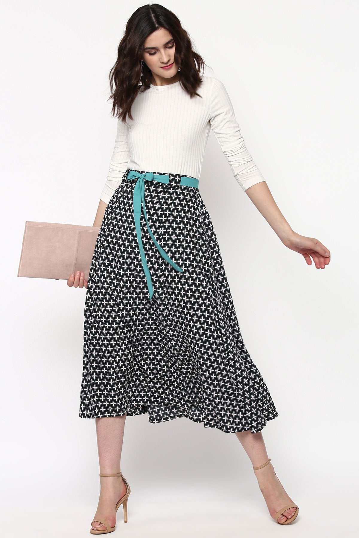 Women's Black Printed Flared Belted Midi Skirt - SASSAFRAS