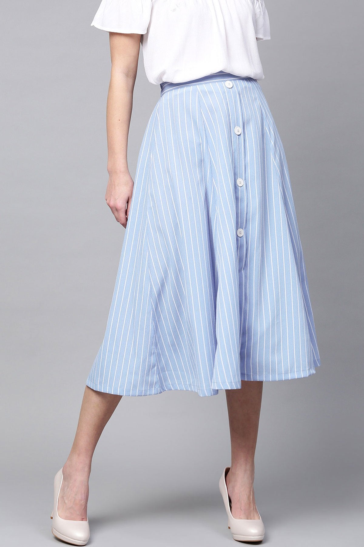 Women's Blue Stripes Flared Skirt - SASSAFRAS