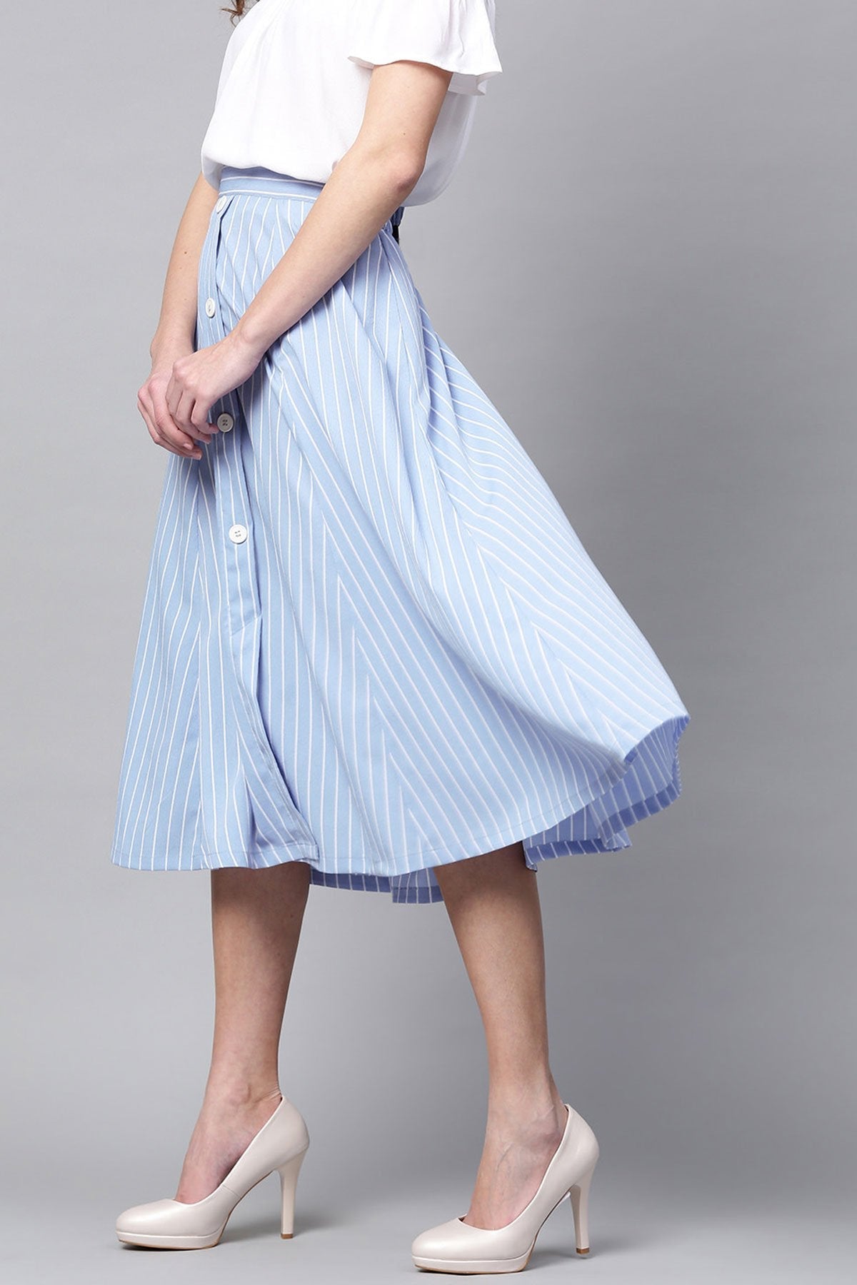 Women's Blue Stripes Flared Skirt - SASSAFRAS