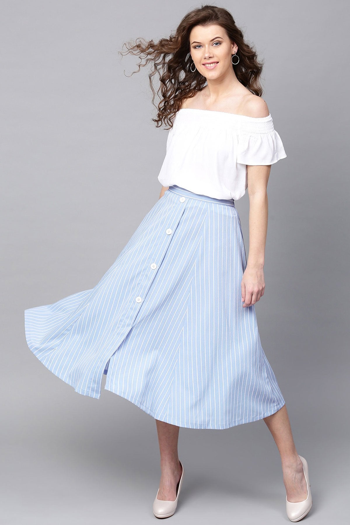 Women's Blue Stripes Flared Skirt - SASSAFRAS