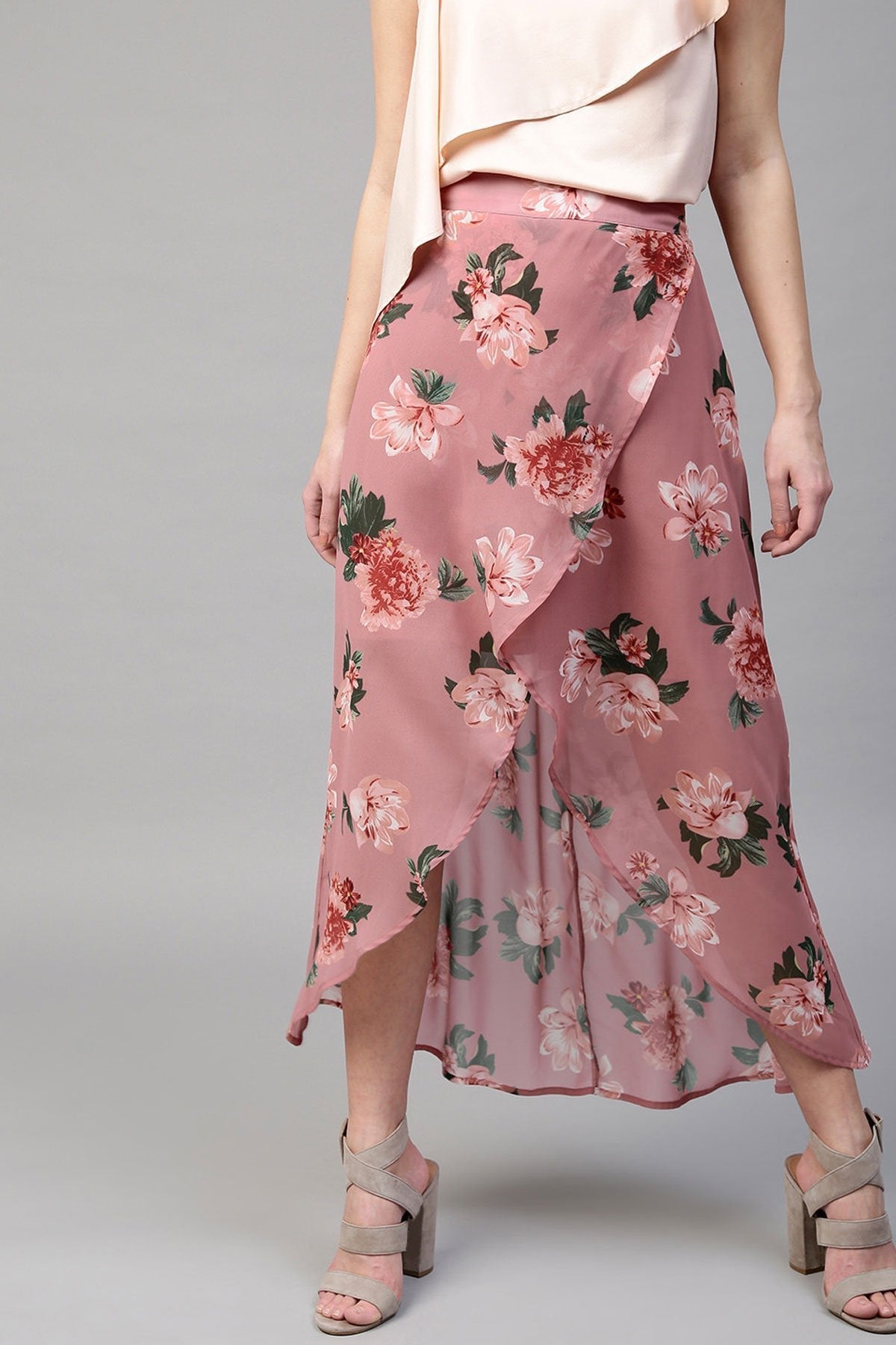 Women's Baked Pink Floral Wrap High Low Skirt - SASSAFRAS