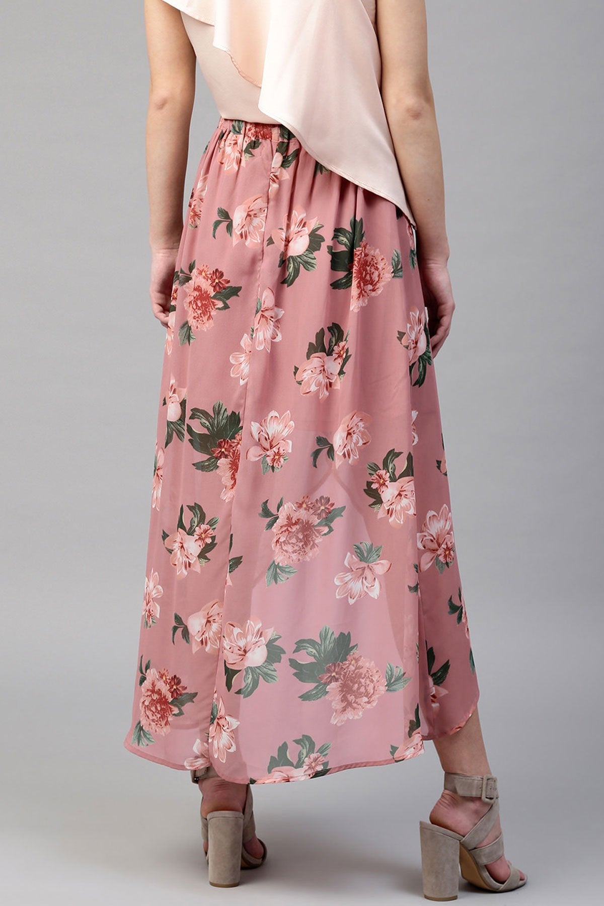 Women's Baked Pink Floral Wrap High Low Skirt - SASSAFRAS