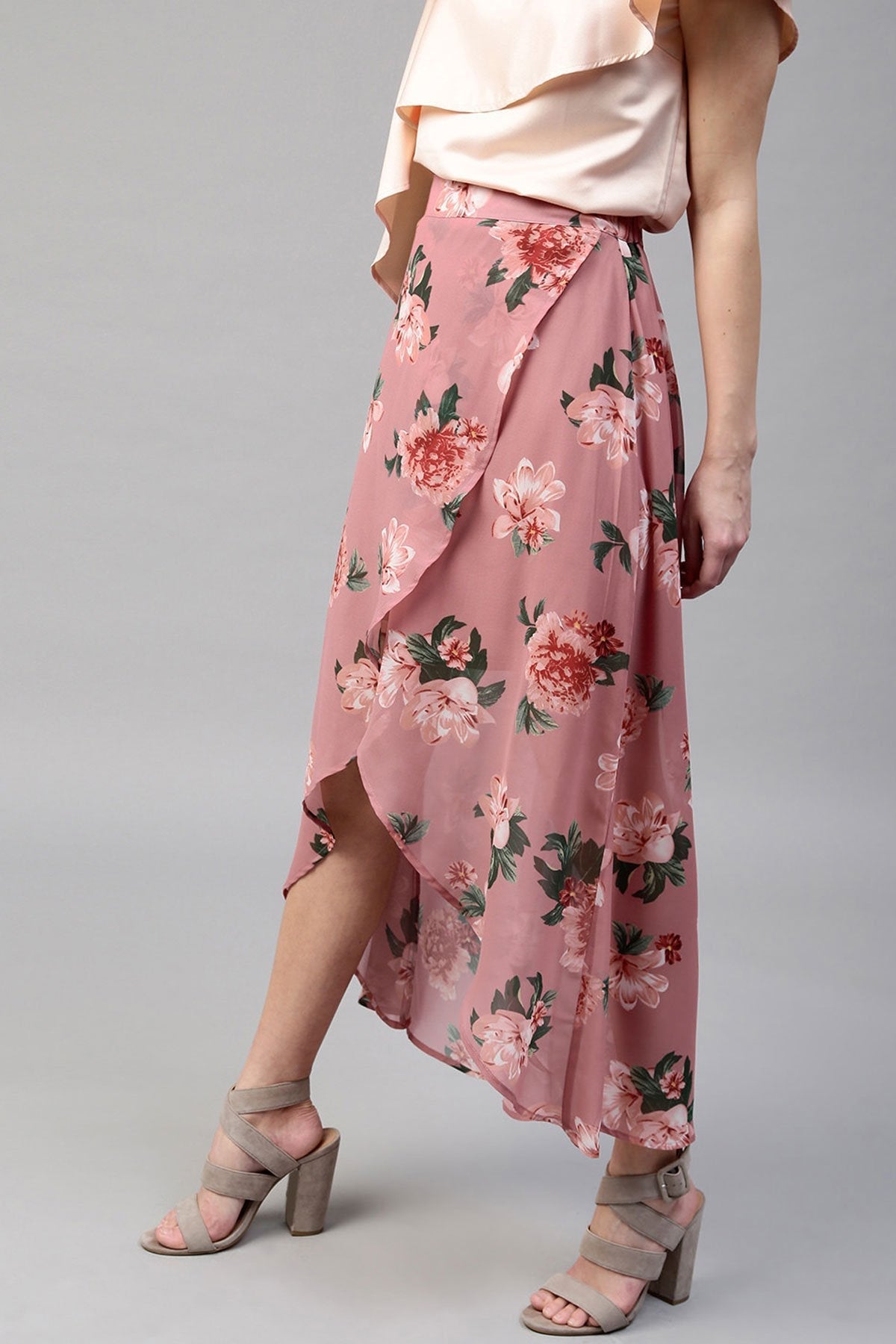 Women's Baked Pink Floral Wrap High Low Skirt - SASSAFRAS