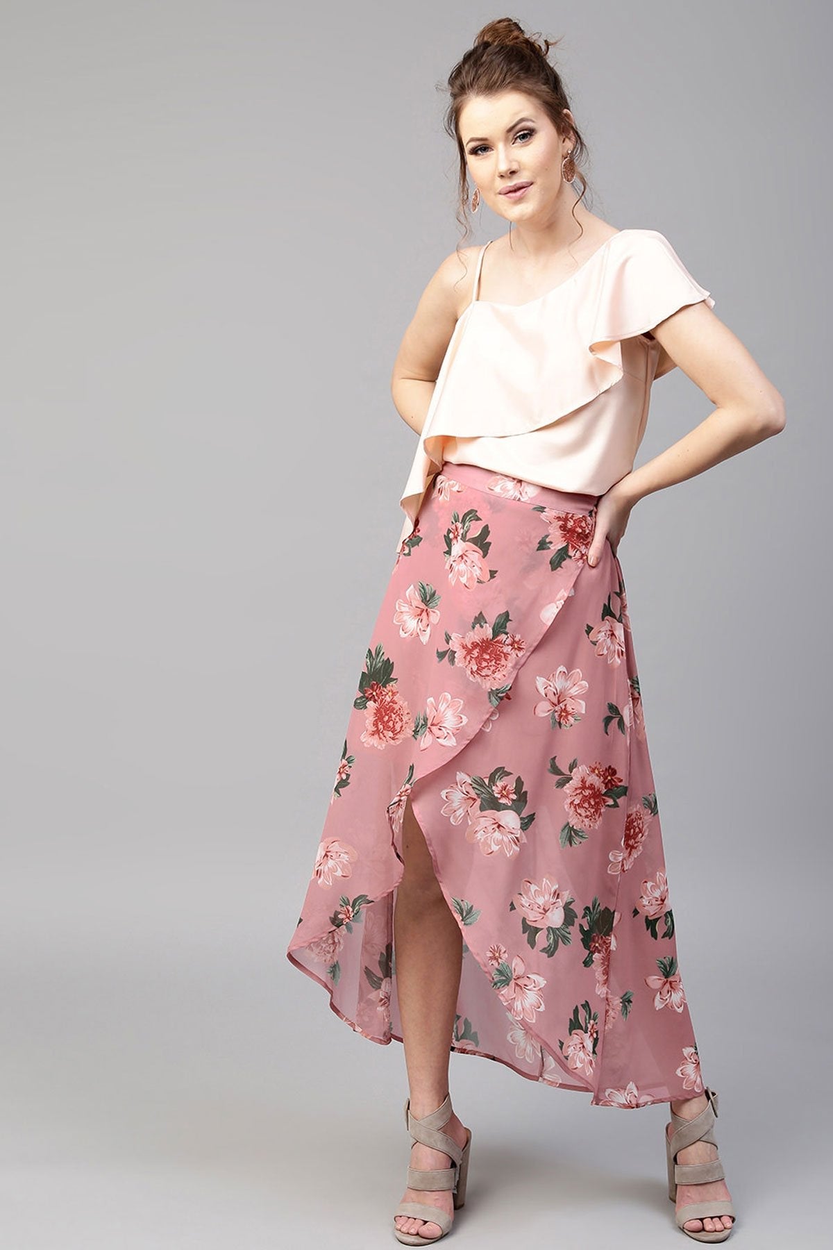 Women's Baked Pink Floral Wrap High Low Skirt - SASSAFRAS