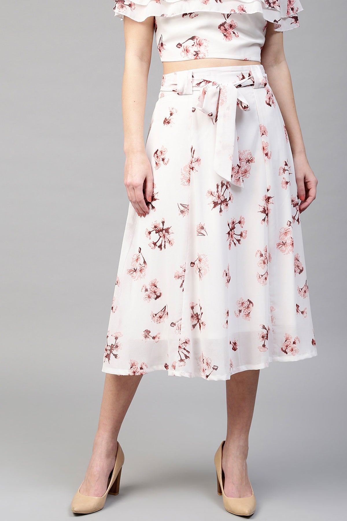 Women's Ivory Floral Flared Skirt - SASSAFRAS