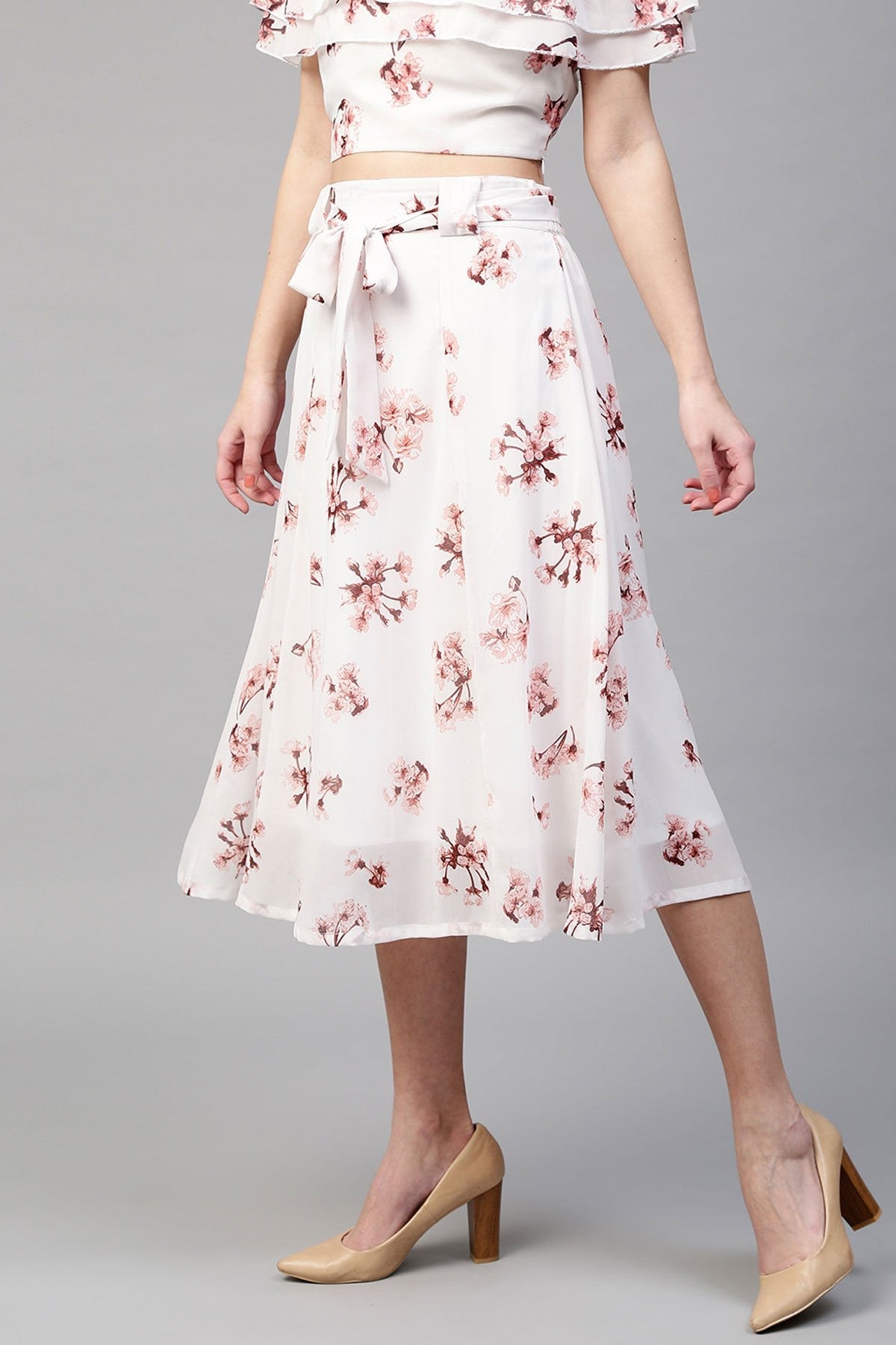 Women's Ivory Floral Flared Skirt - SASSAFRAS