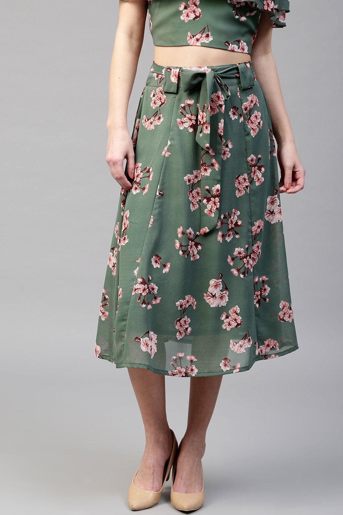 Women's Green Floral Flared Skirt - SASSAFRAS