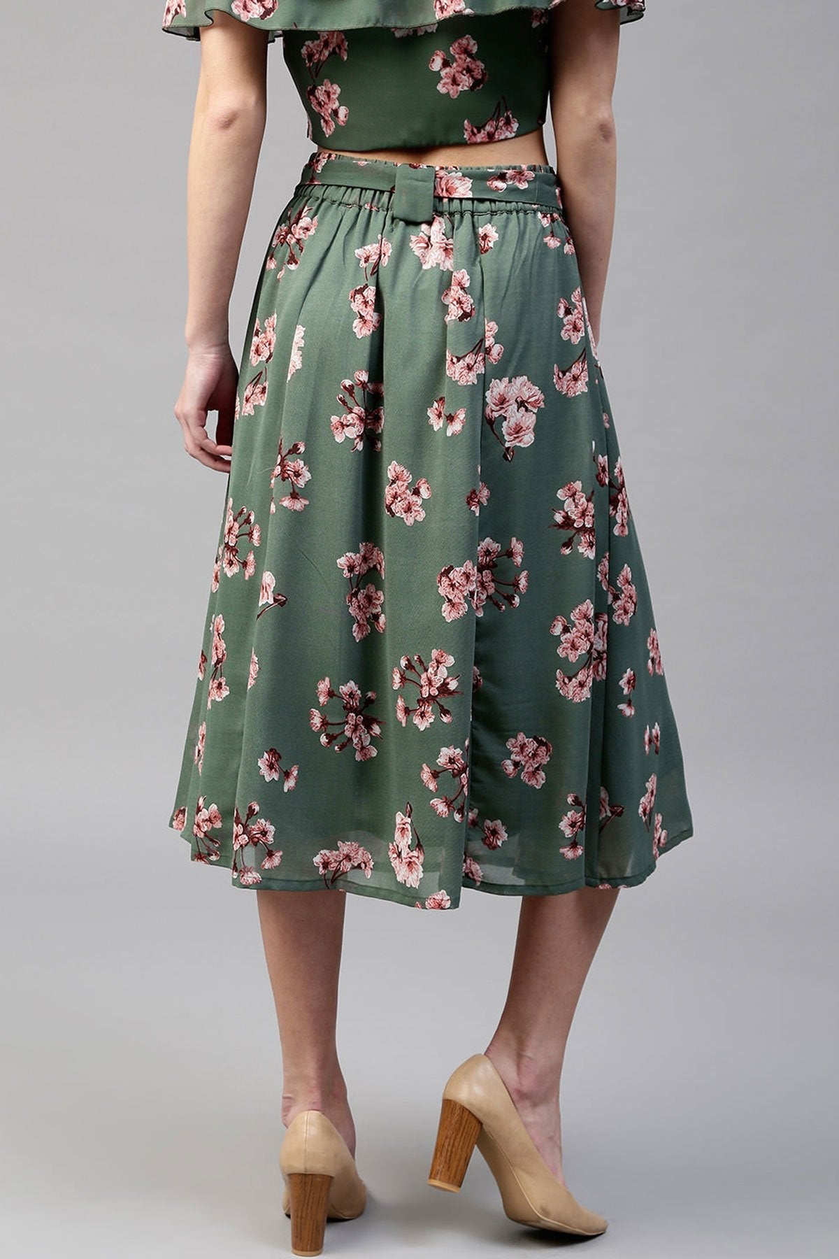 Women's Green Floral Flared Skirt - SASSAFRAS