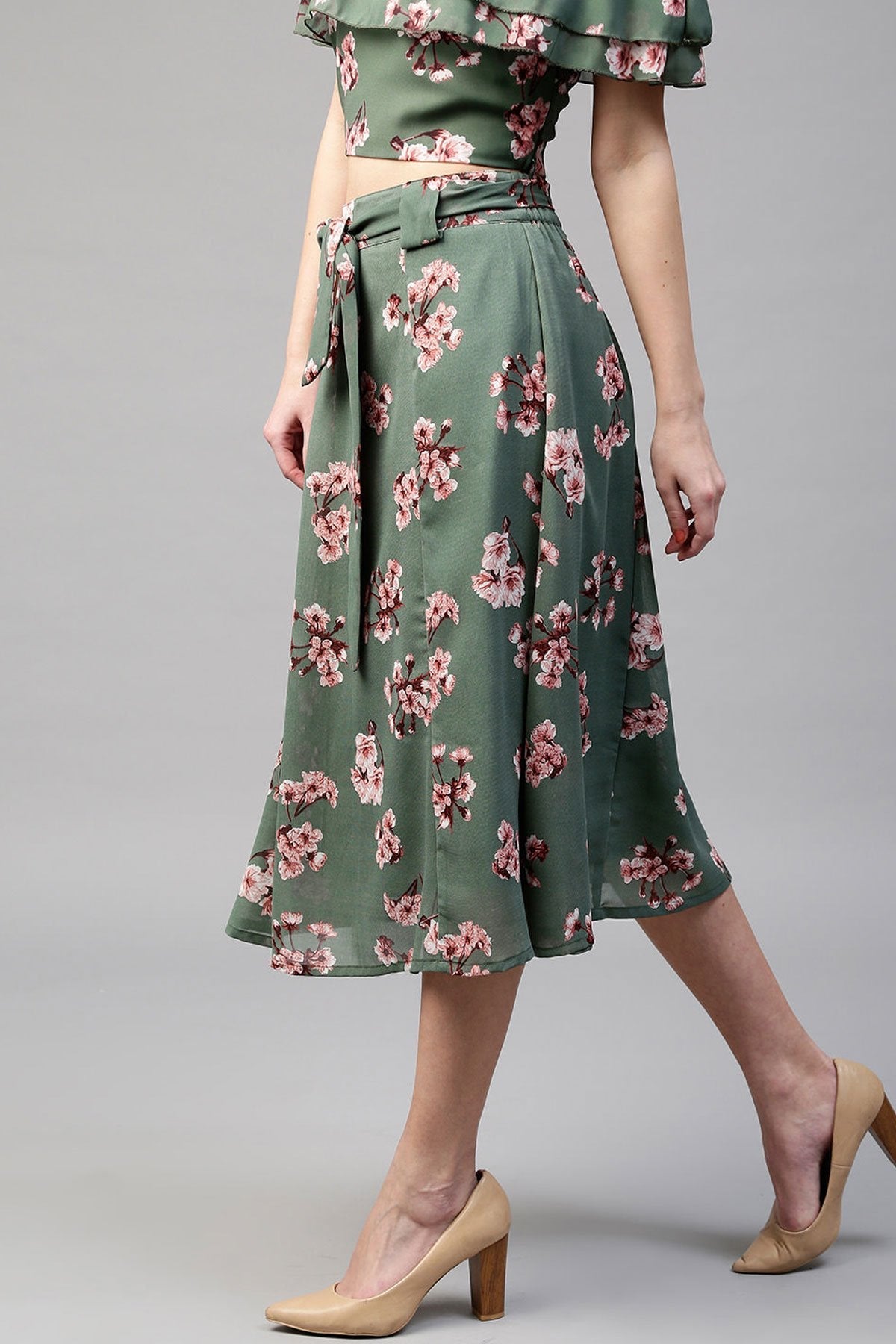 Women's Green Floral Flared Skirt - SASSAFRAS