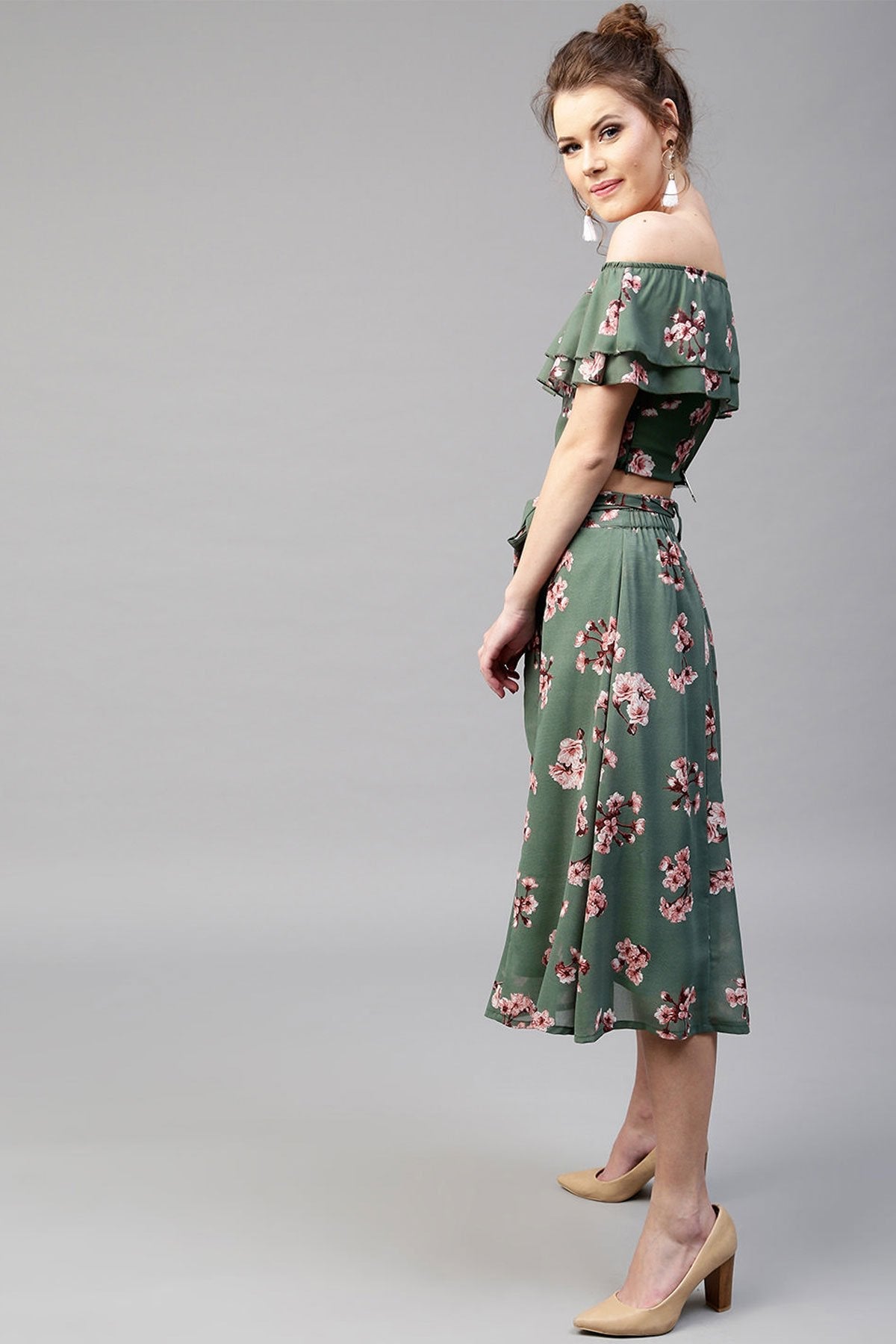 Women's Green Floral Flared Skirt - SASSAFRAS