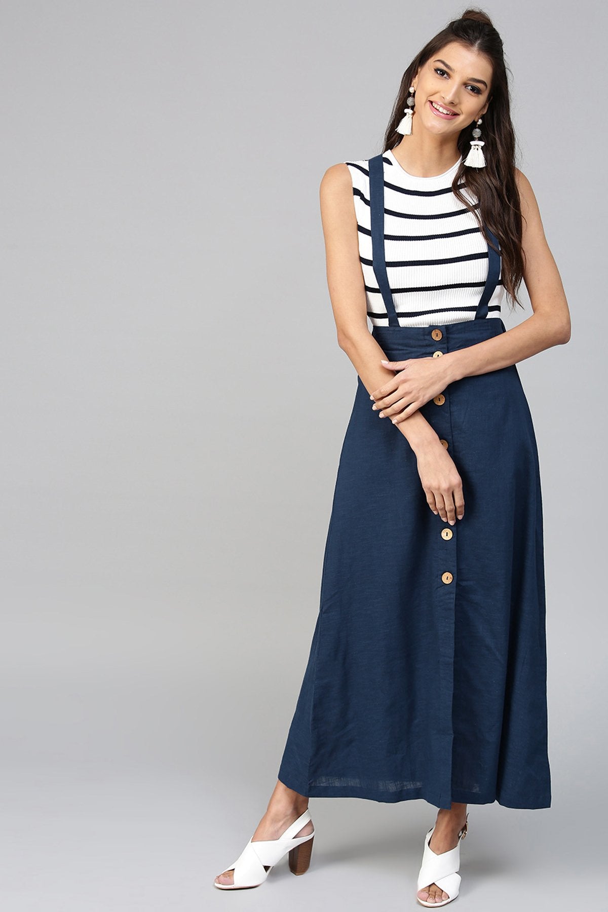 Women's Navy Dungaree Maxi Skirt - SASSAFRAS