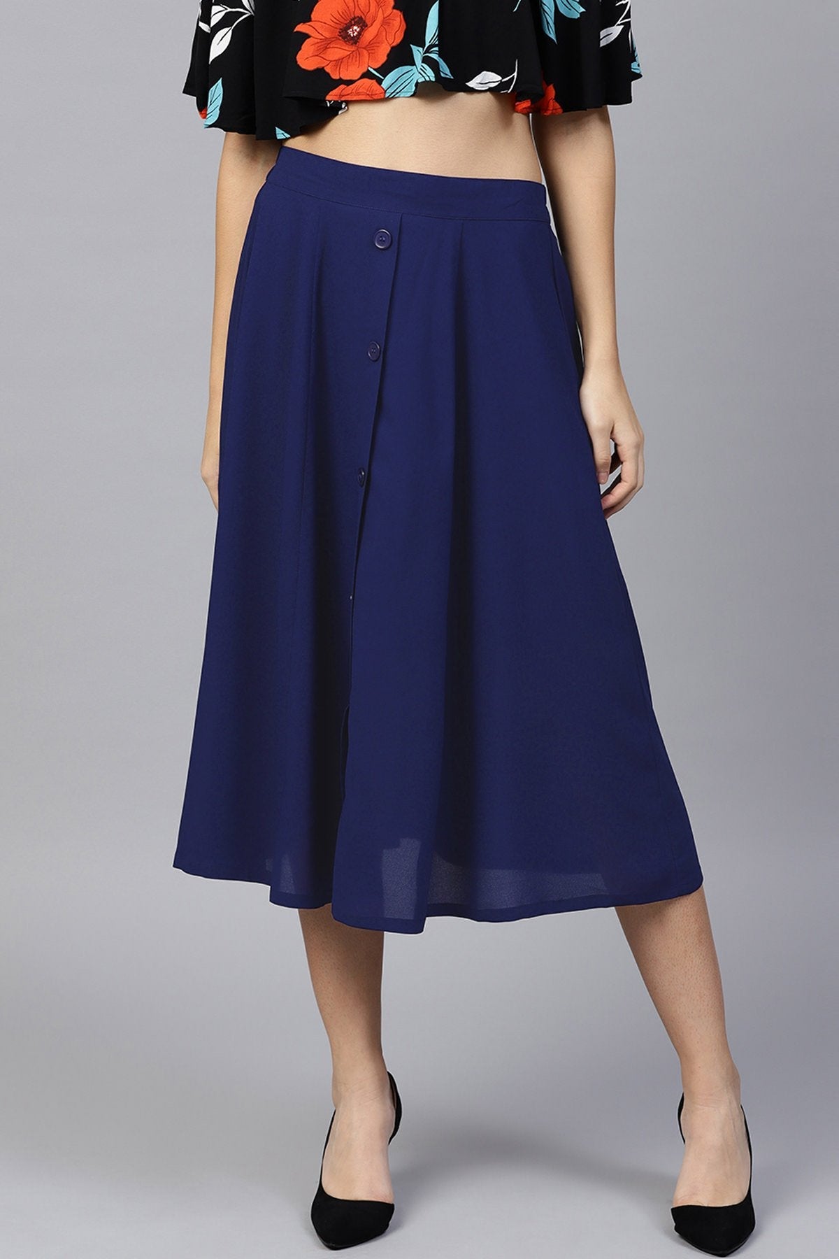 Women's Navy Front Button Flared Midi Skirt - SASSAFRAS