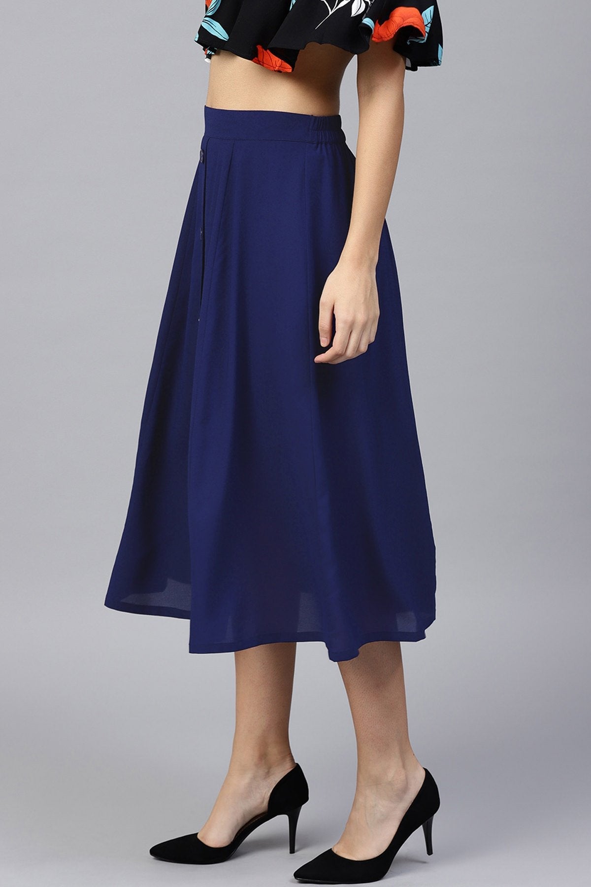 Women's Navy Front Button Flared Midi Skirt - SASSAFRAS