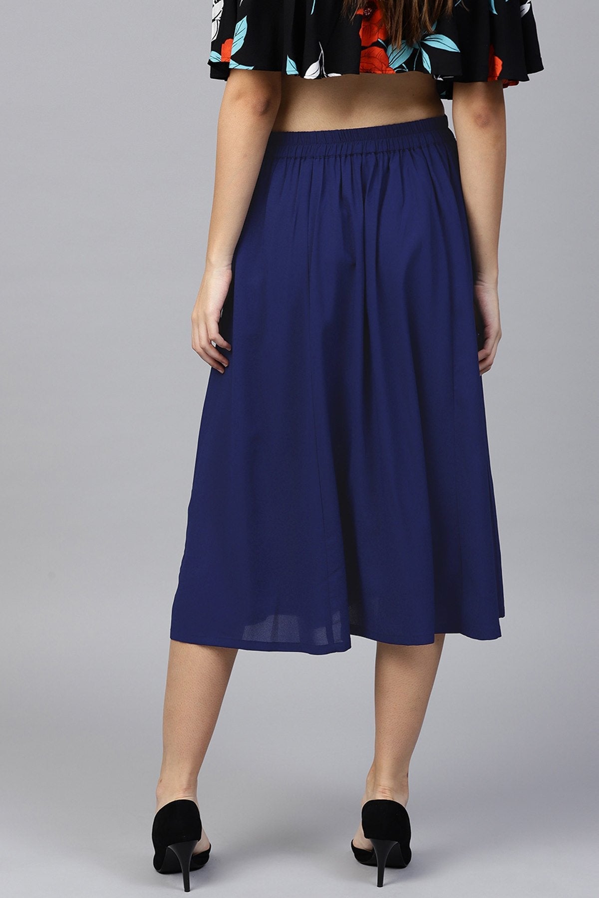 Women's Navy Front Button Flared Midi Skirt - SASSAFRAS