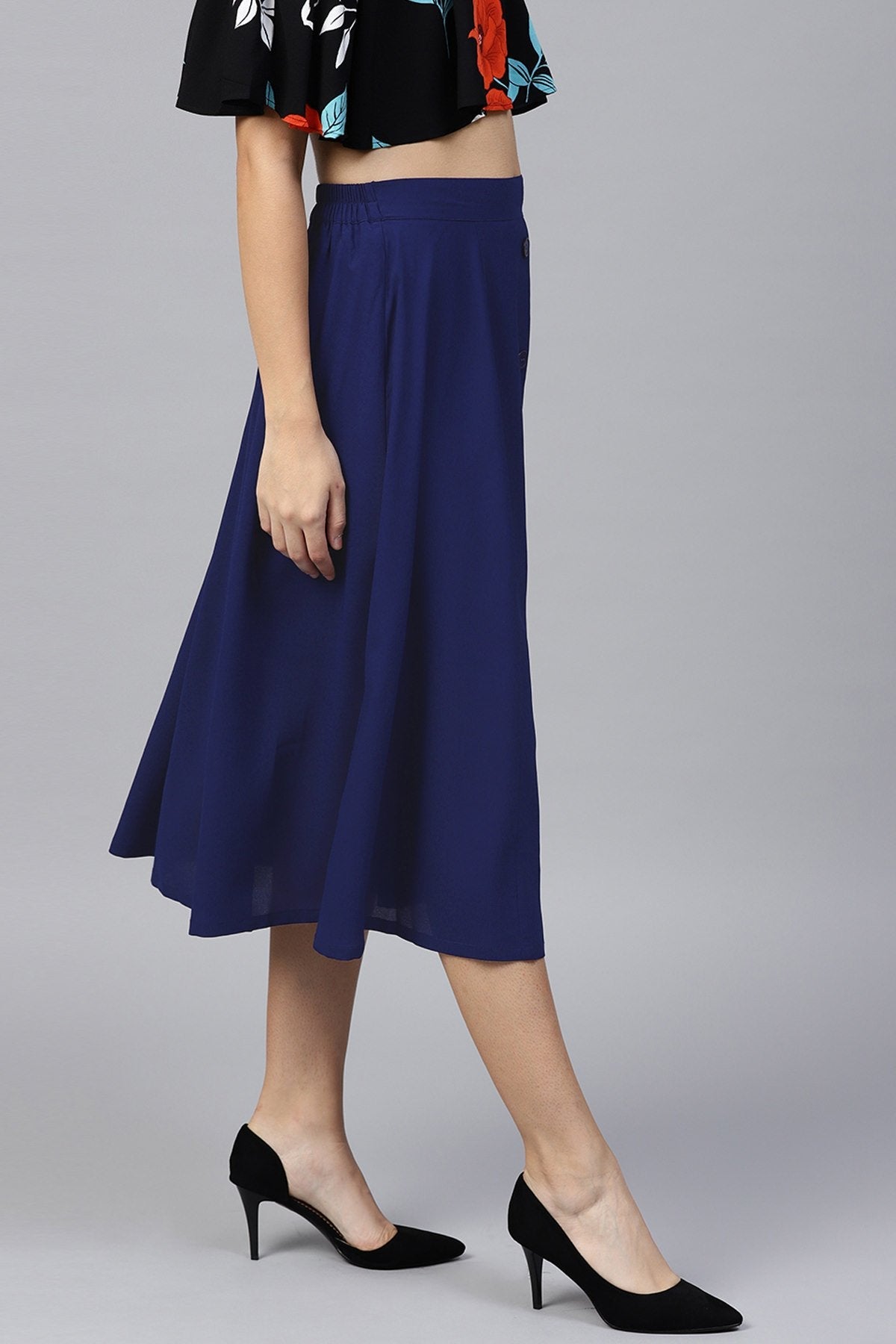 Women's Navy Front Button Flared Midi Skirt - SASSAFRAS